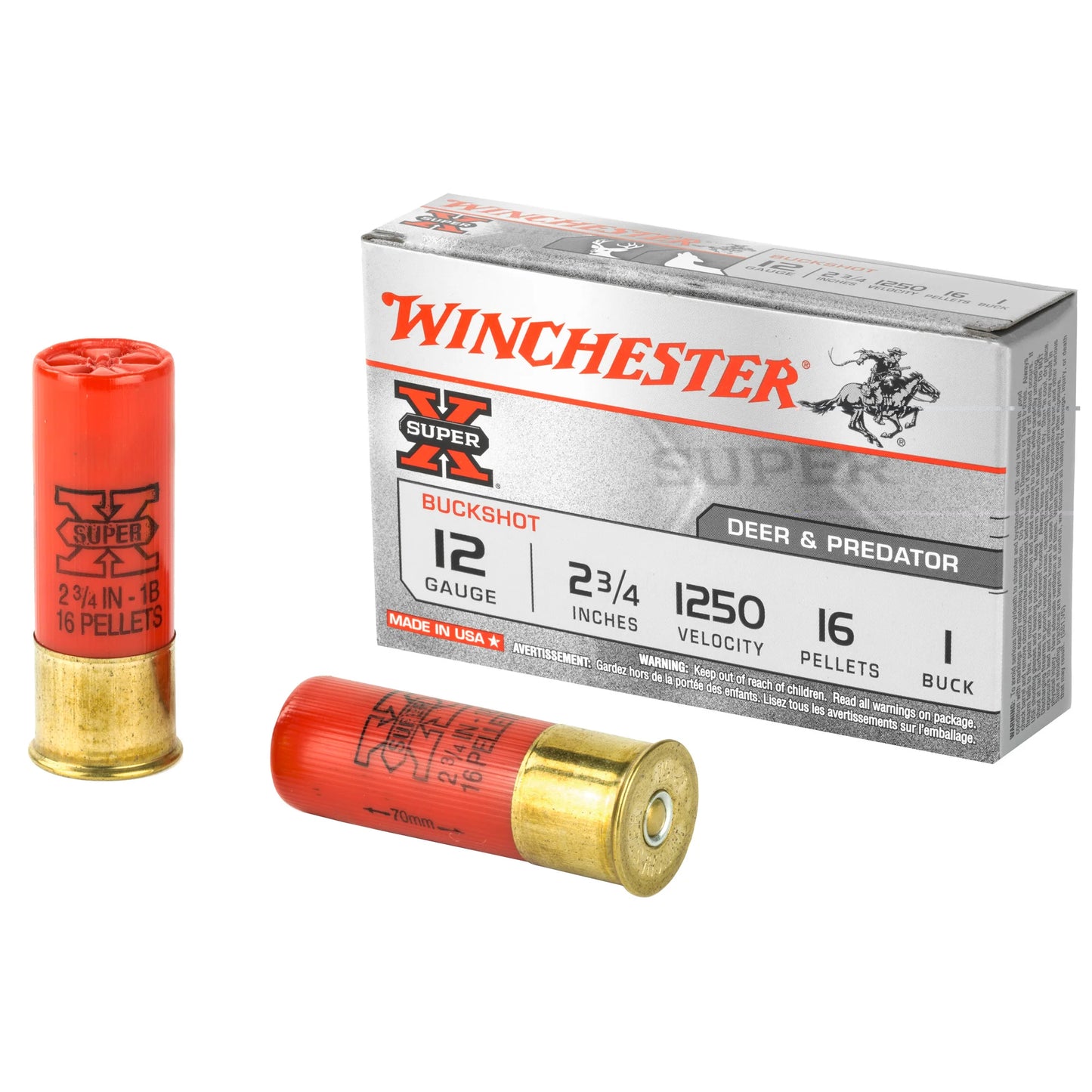 Winchester Ammunition, Super-X, 12 Gauge, 2.75", 1 Buck, Buckshot, 16 Pellets (5 Round Box)