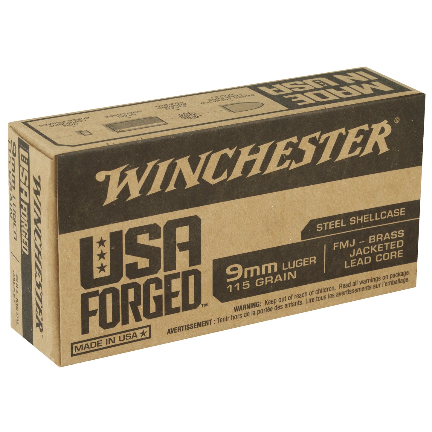 Winchester Ammunition, USA Forged, 9MM, 115 Grain, Brass Jacketed Lead Core | FMJ | Steel Cased (50 Round Box)