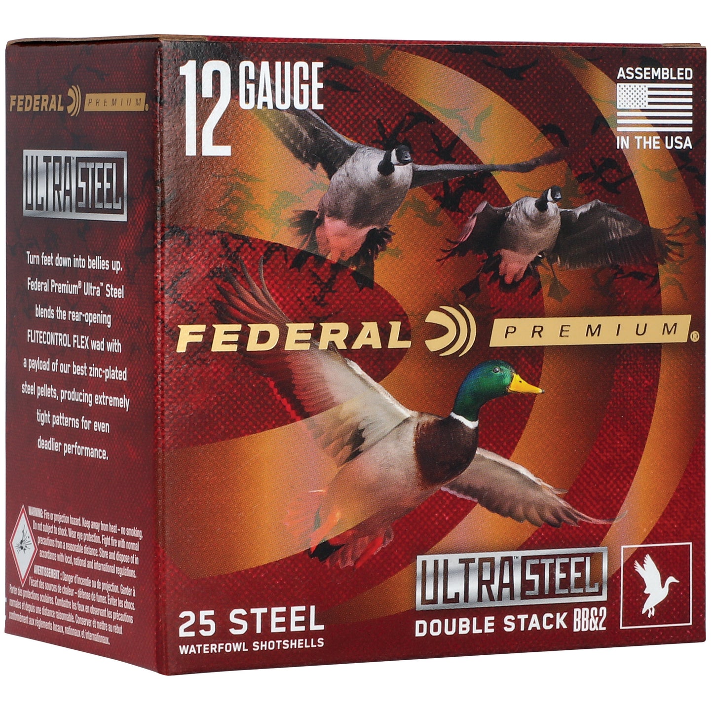Federal, Ultra Steel, FLIGHTCONTROL FLEX WAD, 12 Gauge, 3",BB and #2 Shot, 1 1/4oz, Zinc Plated Steel (25 Round Box)