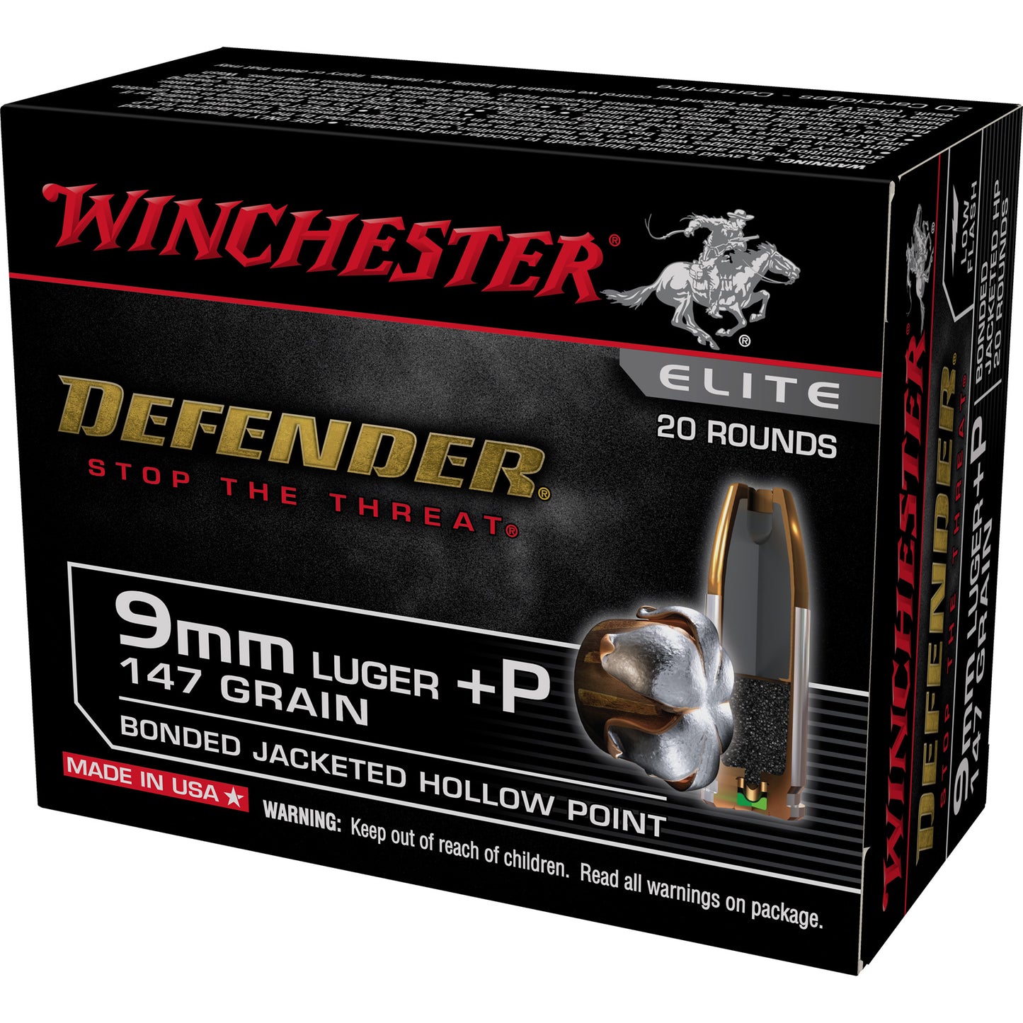 Winchester Ammunition, Defender, 9MM +P, 147 Grain, Bonded Jacketed Hollow Point Bullet (20 Round Box)