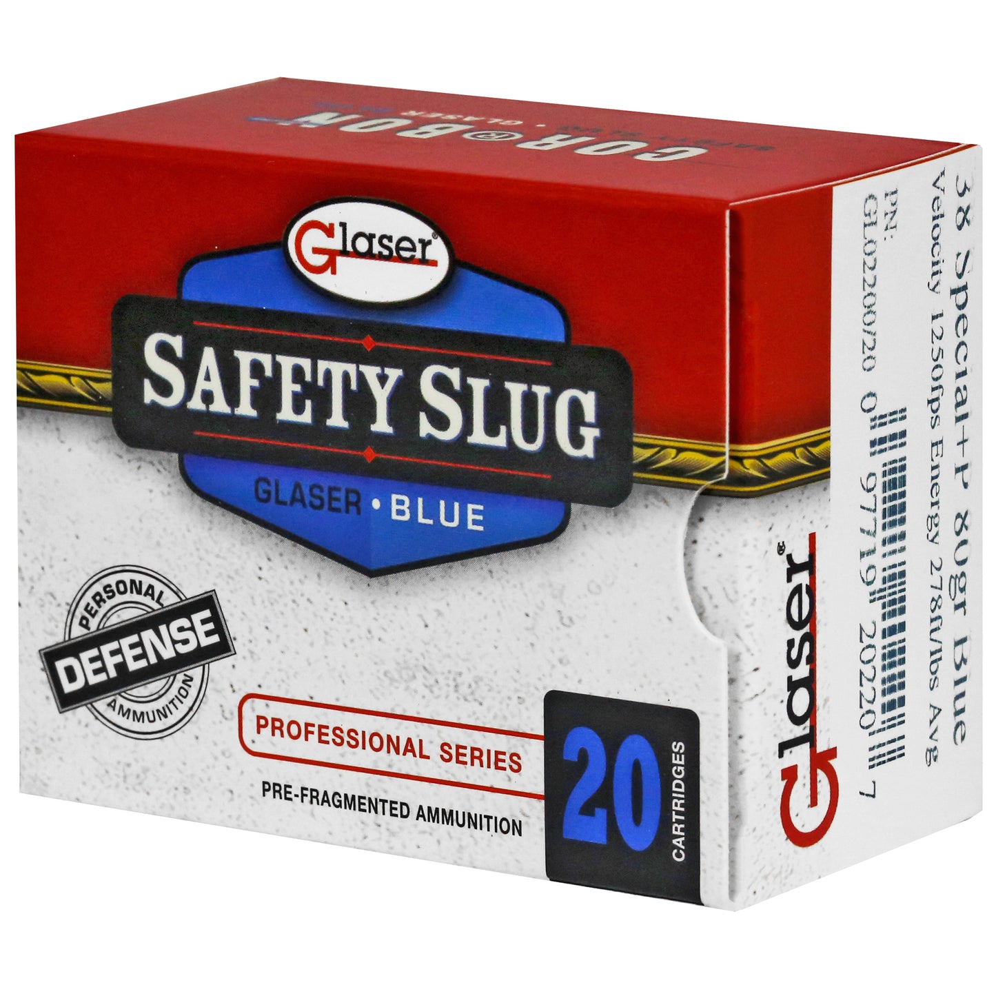 Glaser, Blue, 38 Special, 80 Grain, Pre-Fragmented, +P, 20 Round Box