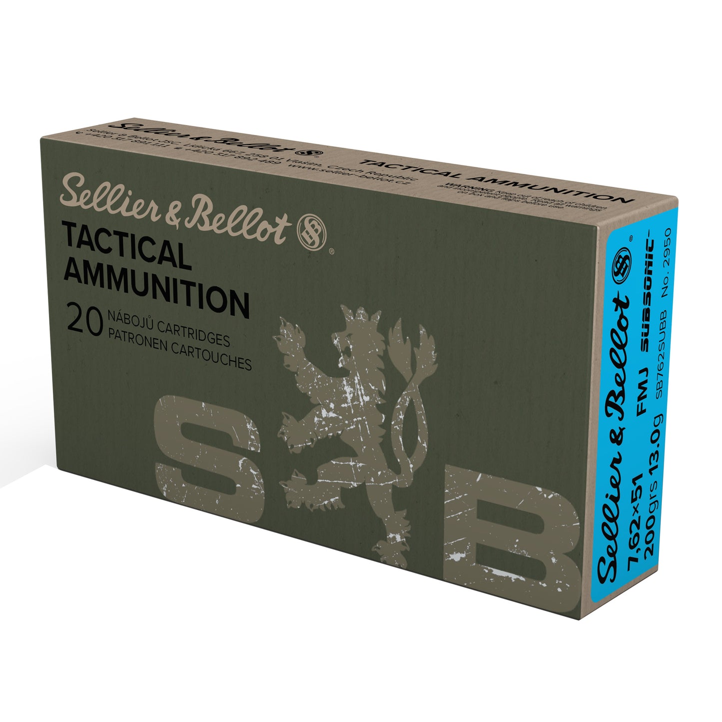 Sellier & Bellot, 7.62x51, Subsonic, 200 Grain, Full Metal Jacket, (20 Round Box)