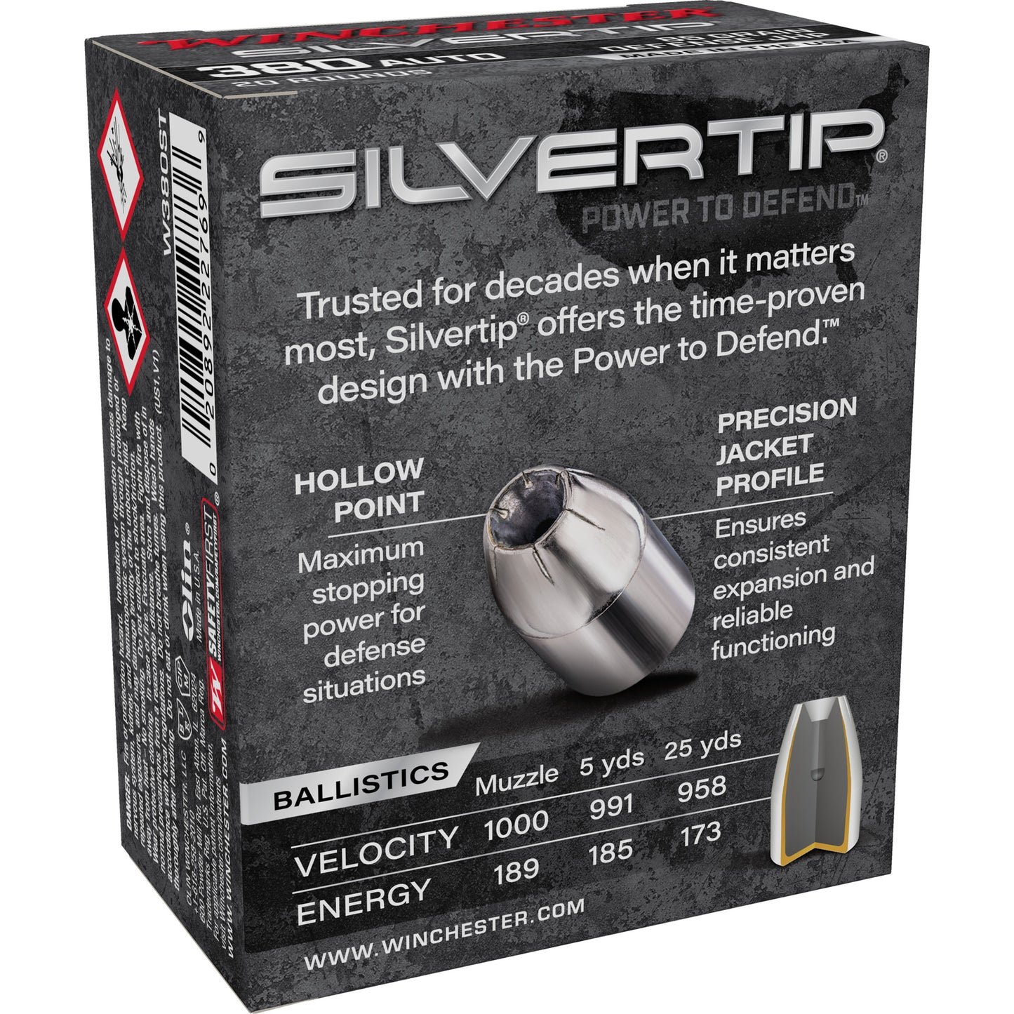 Winchester Ammunition, Slivertip, 380 ACP, 85 Grain, Jacketed Hollow Point (20 Round Box)