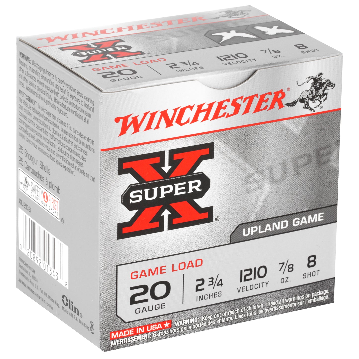 Winchester Ammunition, Super-X, 20 Gauge, 2.75", Game Load, #8, 0.875oz, Shotshell (25 Round Box)