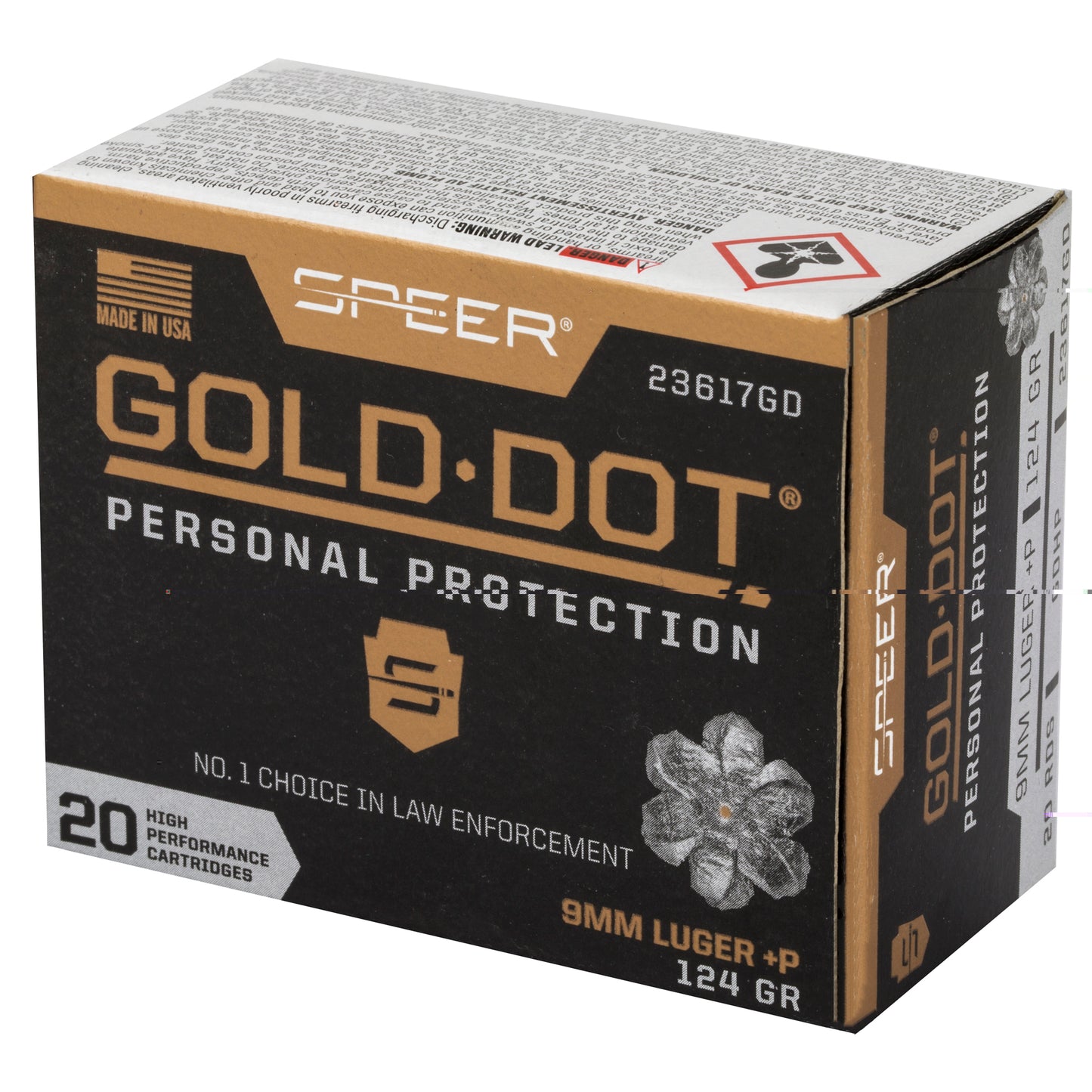 Speer, Gold Dot Personal Defense, 9mm Luger, Overpressure Ammunition, +P, 124 Grain | Gold Dot Hollow Point, GDHP | 20 Round Box