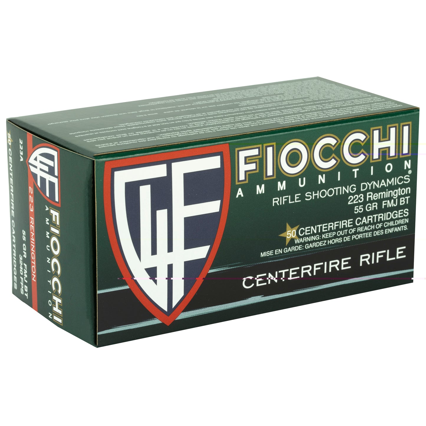 Fiocchi Ammunition, Rifle, .223 Remington, 55 Grain | FMJ Boat Tail | (50 Round Box)