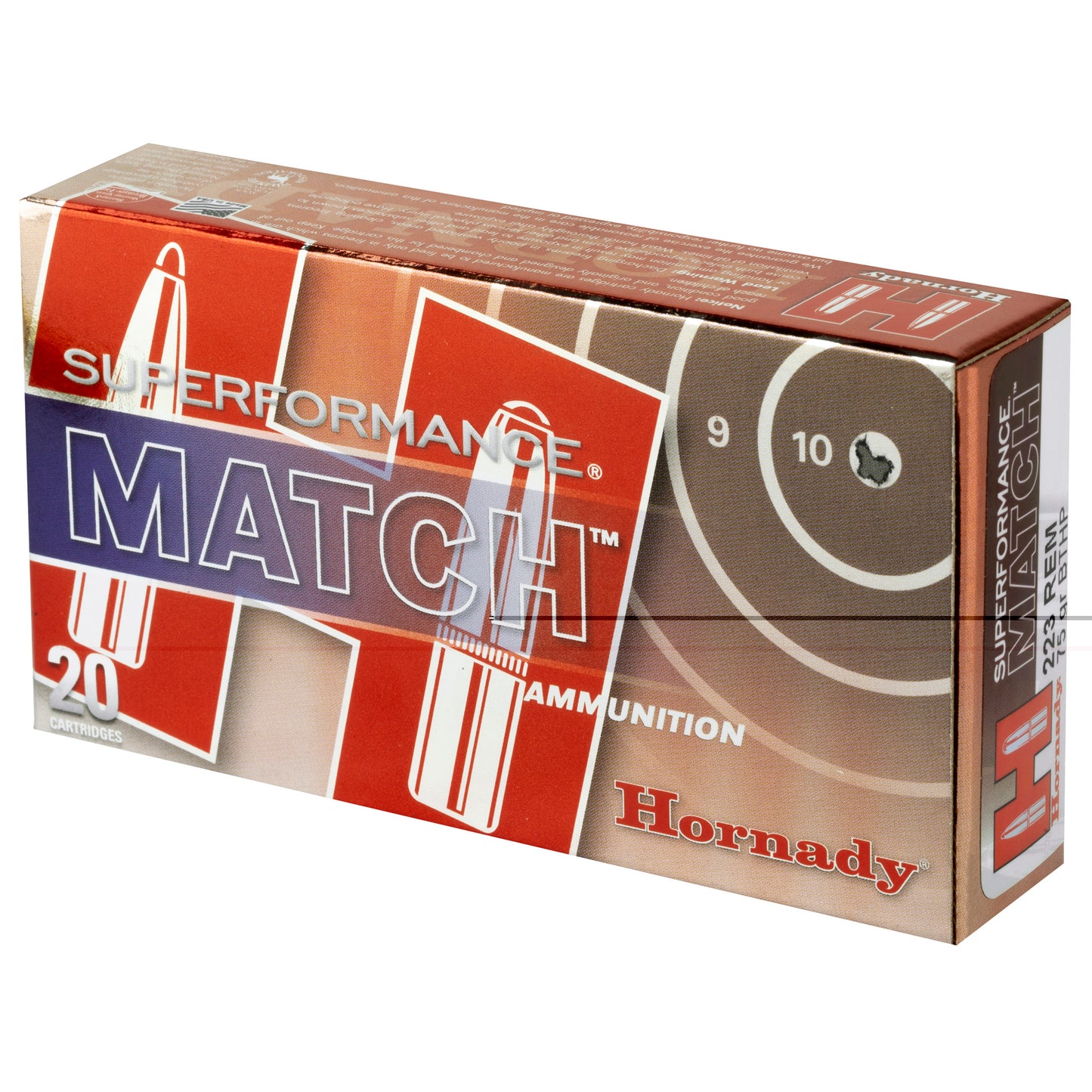 Hornady, SuperFormance, 223REM, 75 Grain, Boat Tail, Hollow Point, Match, 20 Round Box