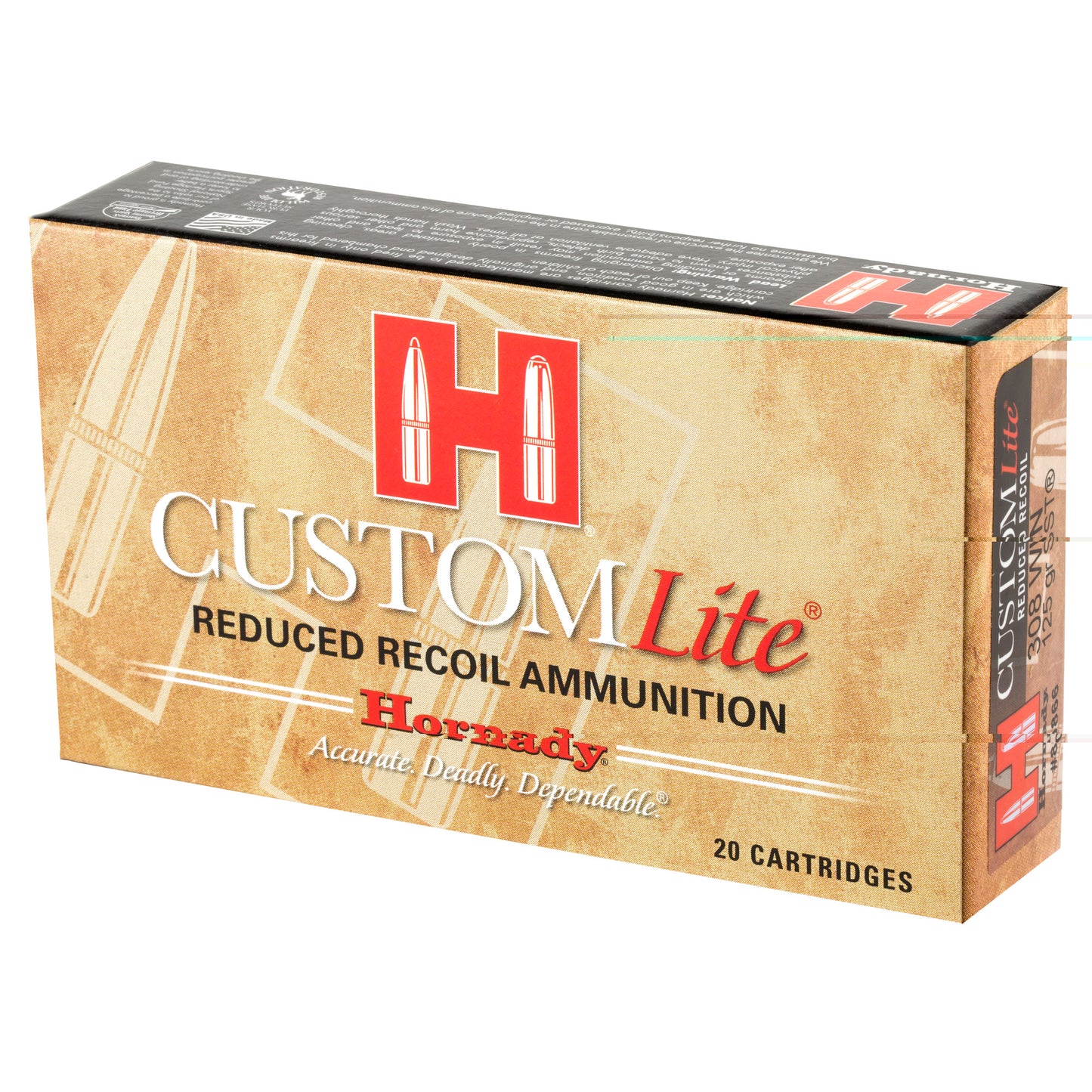Hornady, Custom Lite, 308 Win, 125 Grain, SST, Low Recoil, 20 Round Box
