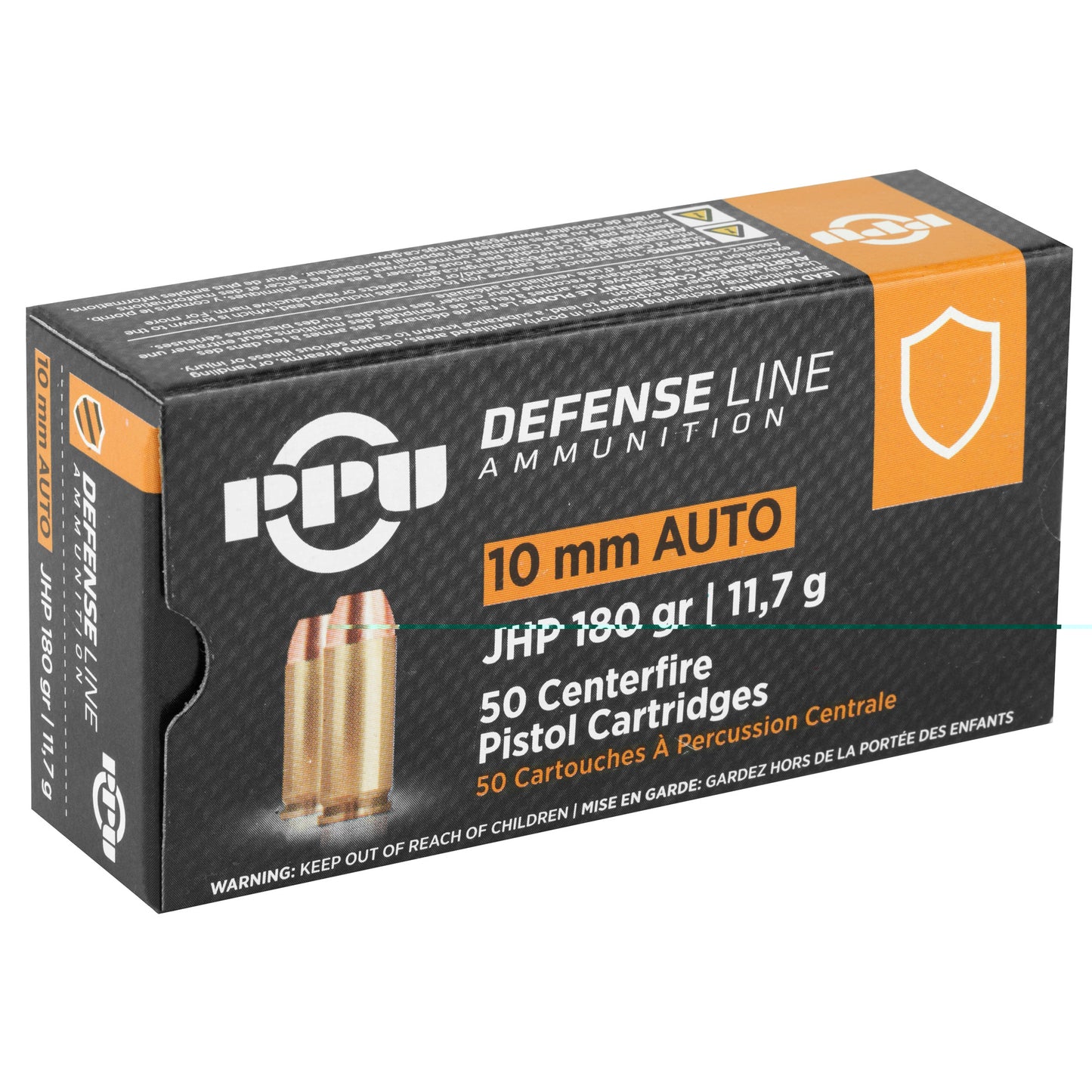 PPU 10mm Defense line ammunition, 180grain, Jacketed hollow point, JHP, 50 Rounds per Box