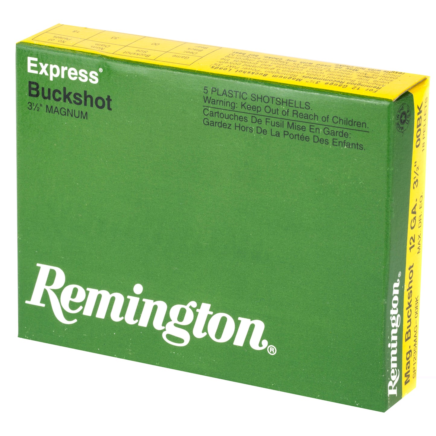 Remington, Express, 12 Gauge, 3.5", 00 Buck, Max Dram, Buckshot, 18 Pellets (5 Round Box)