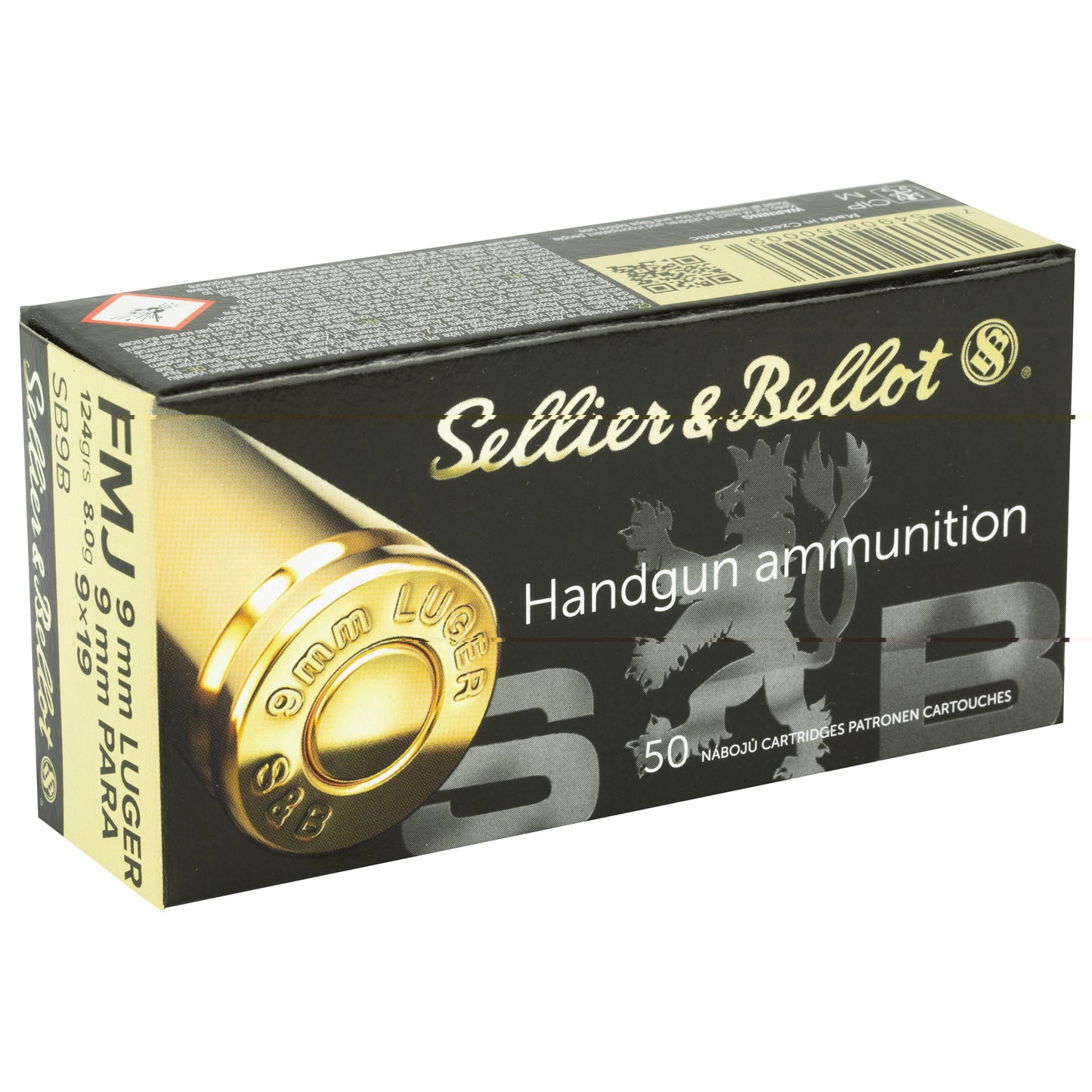 Sellier & Bellot, Handgun Ammunition, 9mm Luger, 124 Grain | Full Metal Jacket, FMJ | 50 Round Box