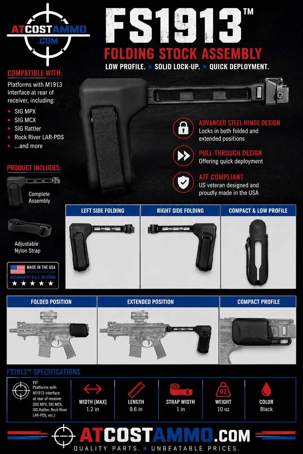 SB Tactical FS1913 Pistol Stabilizing Brace - Black | Sig MPX, MCX, Rattler & Rock River LAR-PDS Compatible | Includes Folding Hinge