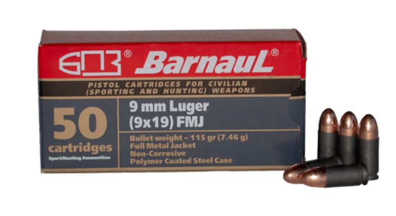 Barnaul 9mm Pistol Ammo - 115 Grain | FMJ | Steel Casing (500 Round Case)