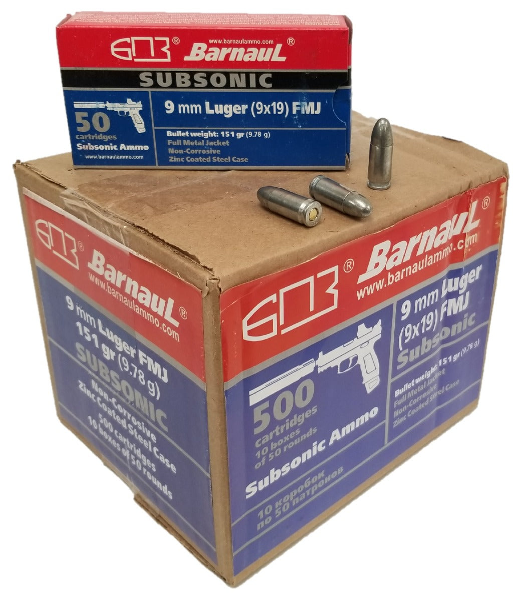 Barnaul 9mm SubSonic Pistol Ammo - 151 Grain | FMJ | Steel Casing (500 Round Case)
