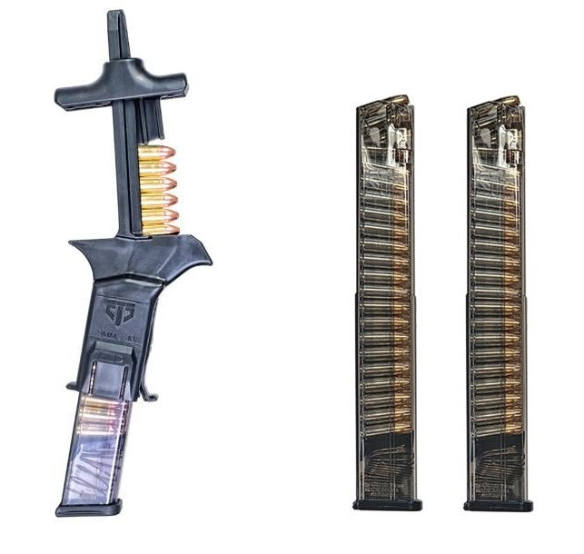 ETS 9mm and .40s&w UNIVERSAL PISTOL MAG LOADER | Fits Pistol Magazines Bundled w/ TWO ETS 9MM MAG | FITS GLOCK 17, 18, 19, 26, 34 | 40RD