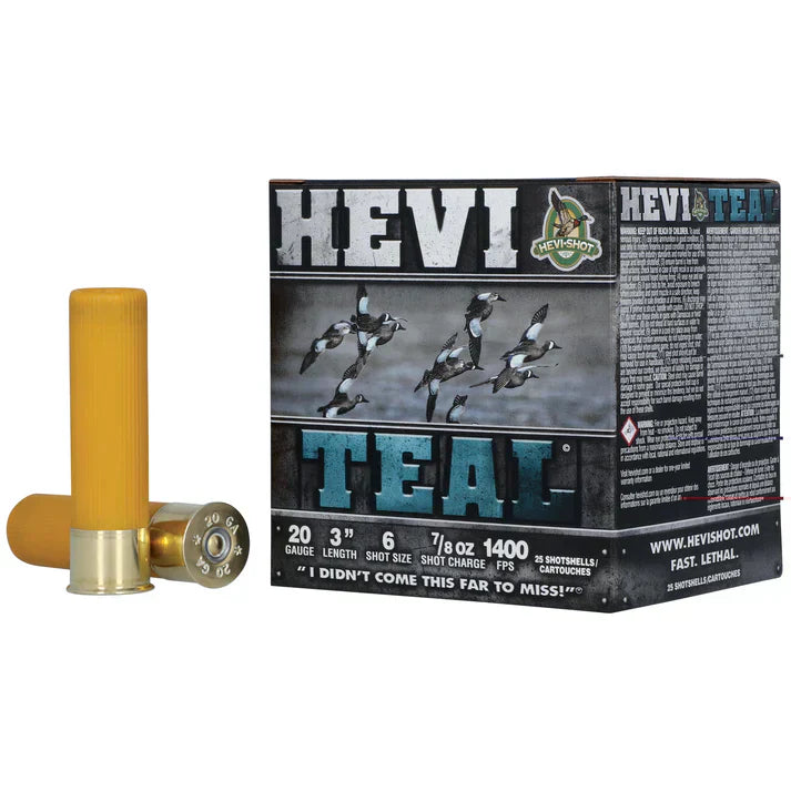 Wholesale shotgun ammunition collection photo. The photo is a box of Hevi-Shot, TEAL, 20 Gauge 3