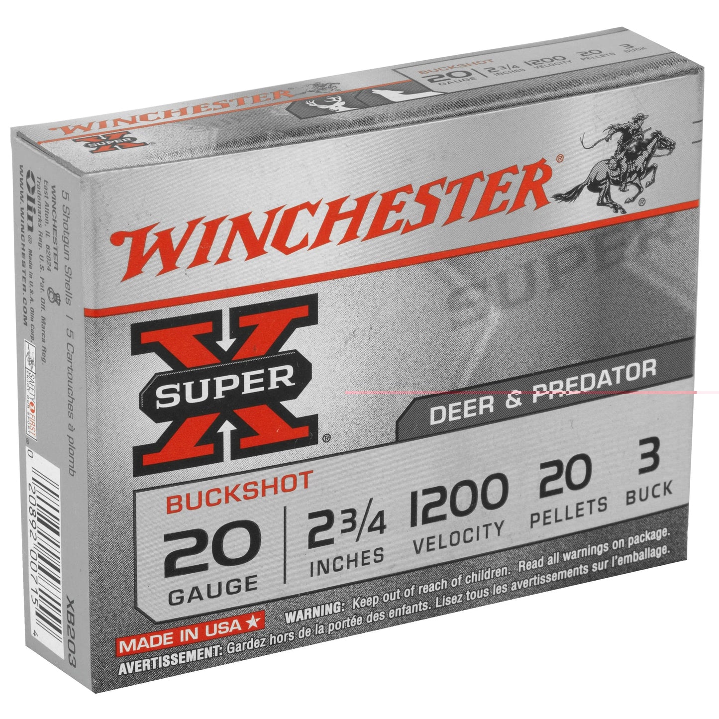 Winchester Ammunition, Super-X, 20 Gauge, 2.75", 3 Buck, Buckshot, 20 Pellets  (5 Round Box)
