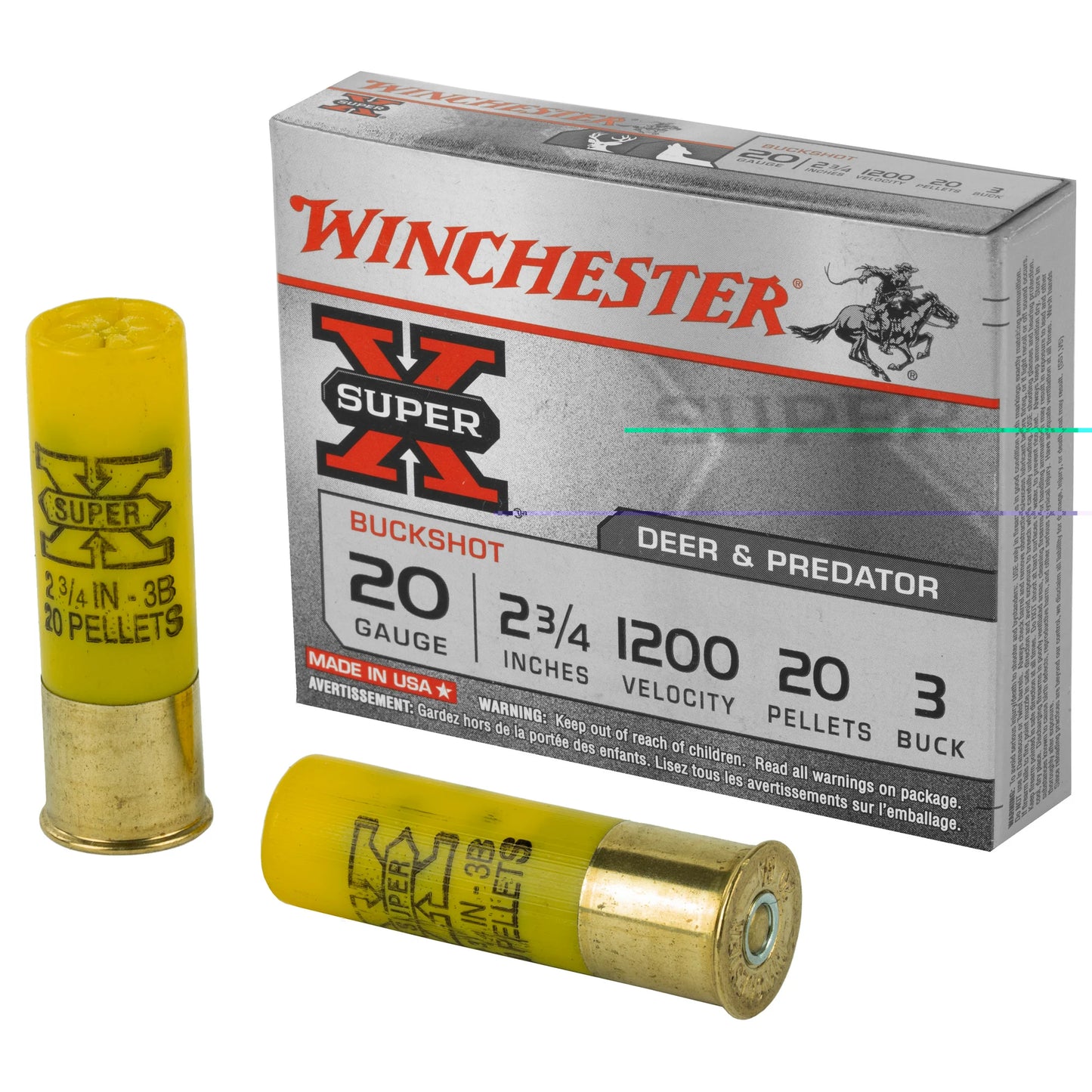 Winchester Ammunition, Super-X, 20 Gauge, 2.75", 3 Buck, Buckshot, 20 Pellets  (5 Round Box)