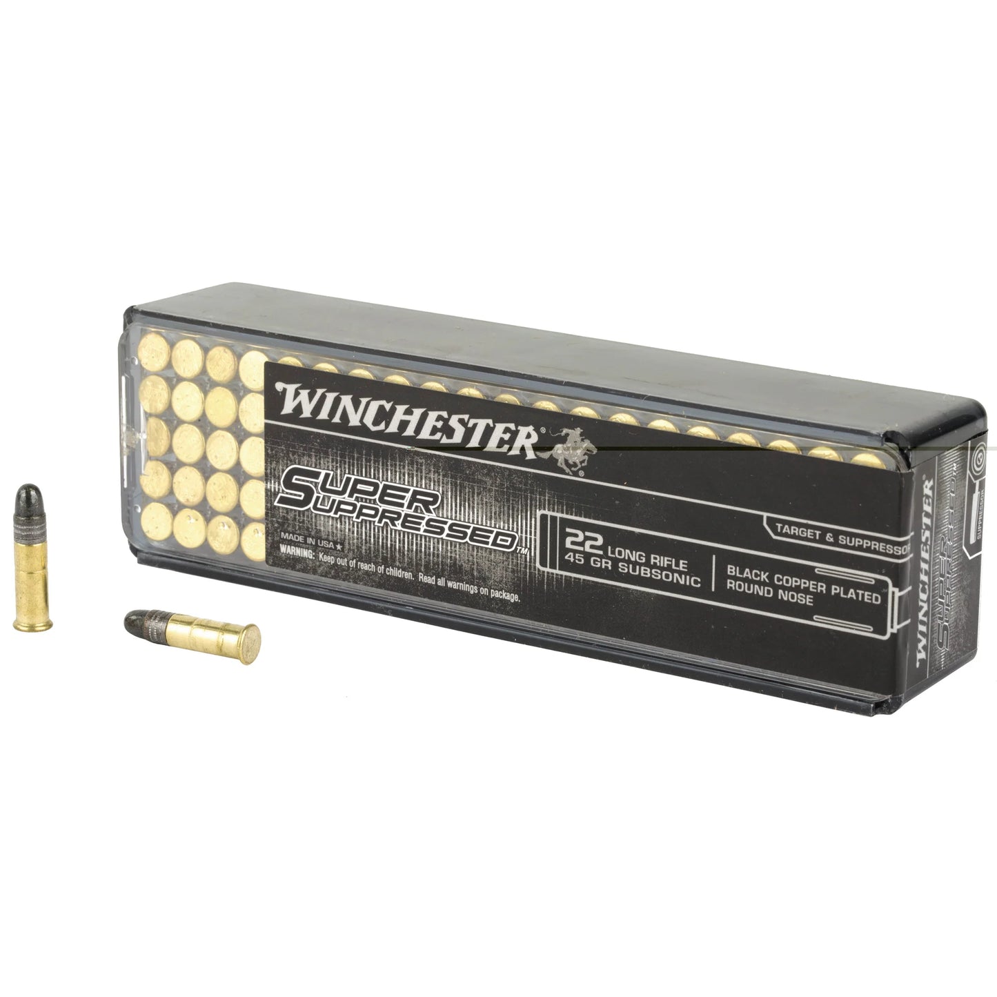Winchester Ammunition, Super Suppressed, 22LR, 45 Grain, Black Copper Plated Round Nose, 100 Round Box