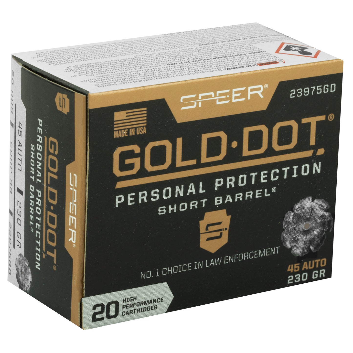 Speer Ammunition, Speer Gold Dot, Personal Protection, 45ACP, 230 Grain | HP | Short Barrel, (20 Round Box)