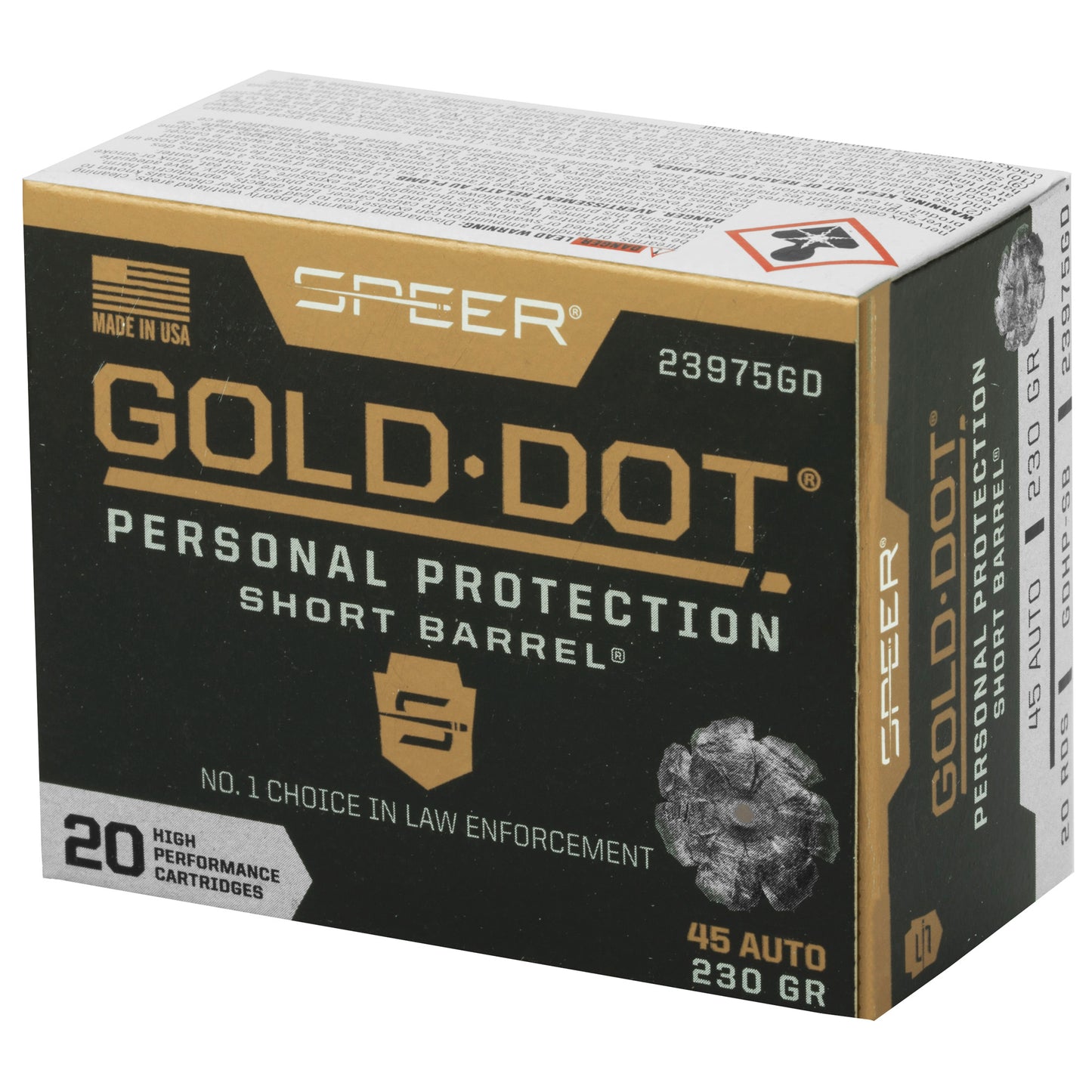 Speer Ammunition, Speer Gold Dot, Personal Protection, 45ACP, 230 Grain | HP | Short Barrel, (20 Round Box)