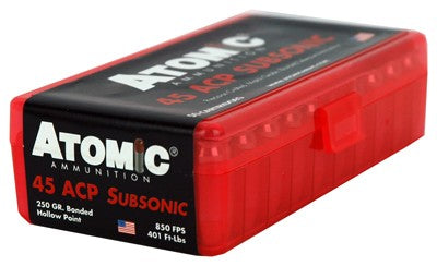 ATOMIC 45 ACP 250 Grain SUBSONIC Jacketed Hollow Point (50 Round Box, 10 Boxes Per Case)