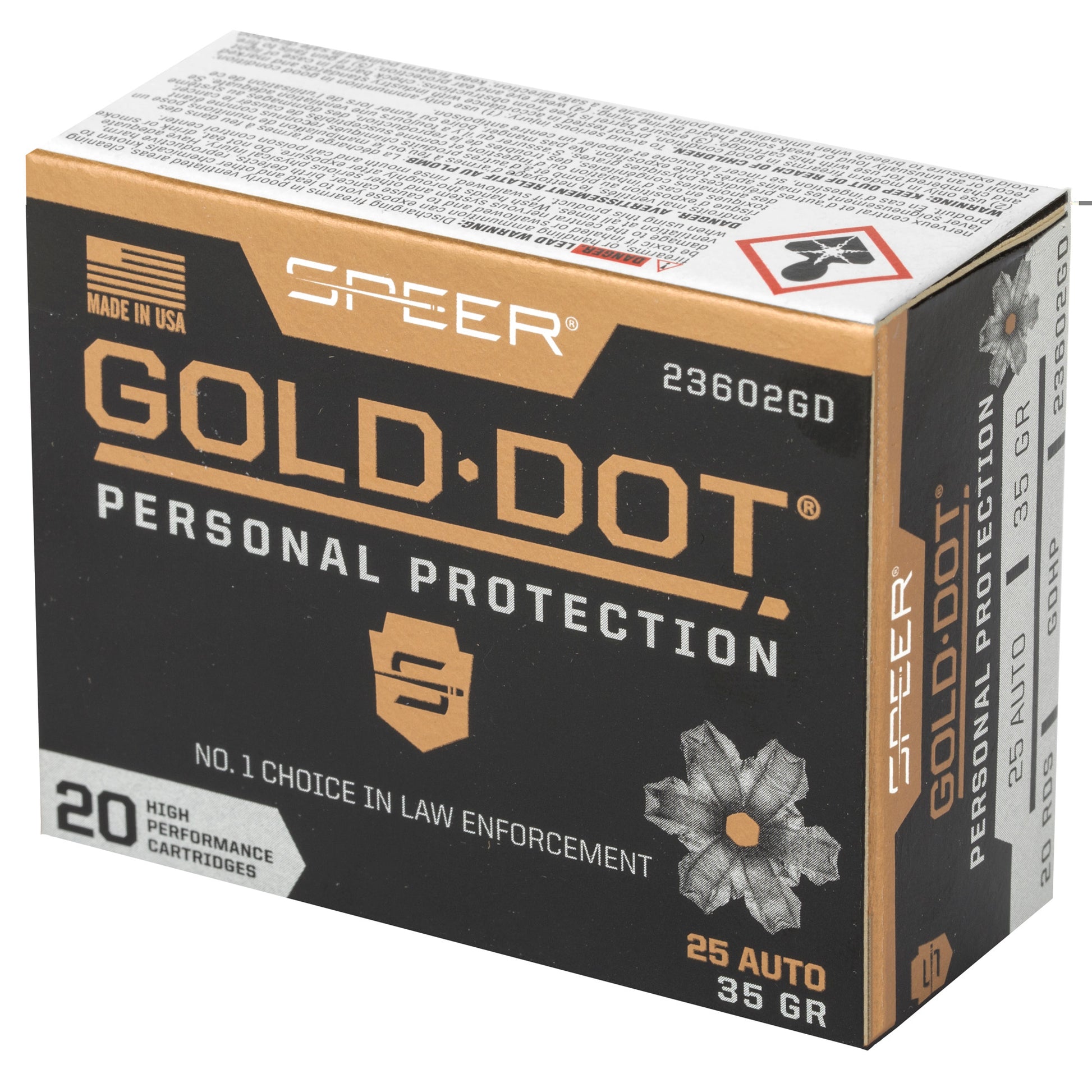 Speer, Gold Dot Personal Protection, .25, Automatic Colt Pistol, ACP, 35grain | Gold Dot Hollow point, GDHP | 20 Rounds per Box 