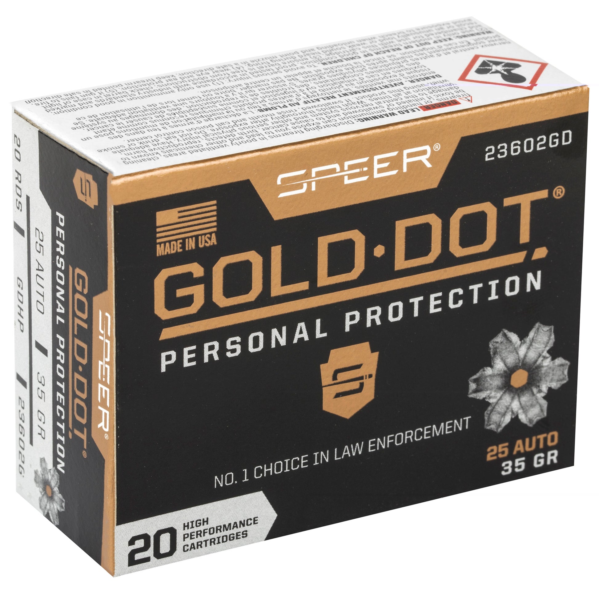 Speer, Gold Dot Personal Protection, .25, Automatic Colt Pistol, ACP, 35grain | Gold Dot Hollow point, GDHP | 20 Rounds per Box 