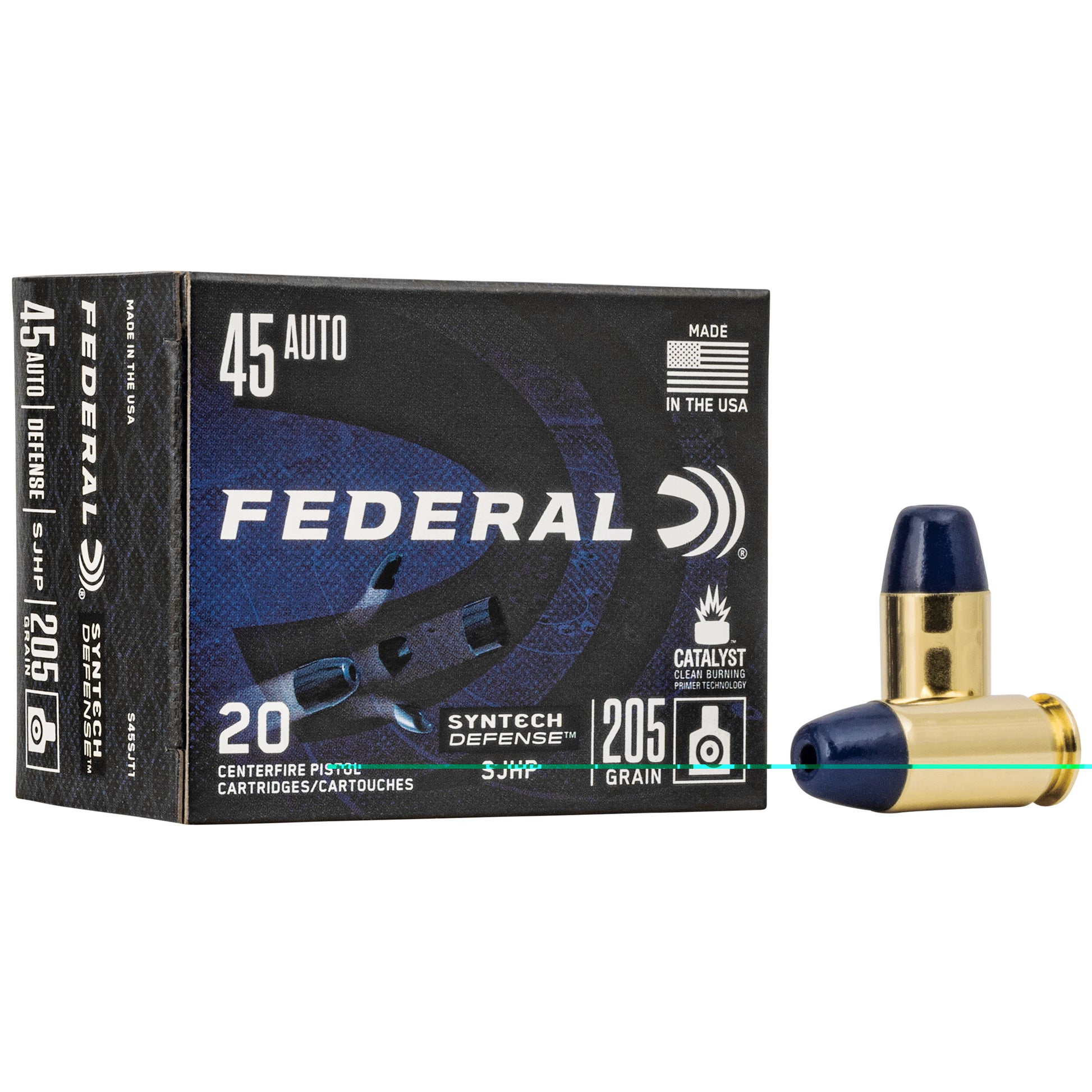 Federal, Syntech Defense with Catalyst Clean Burning Primer, .45, Automatic Colt Pistol, ACP, & 9mm, Semi Jacketed Hollow Point, SJHP, 205grain, 20 Rounds per Box
