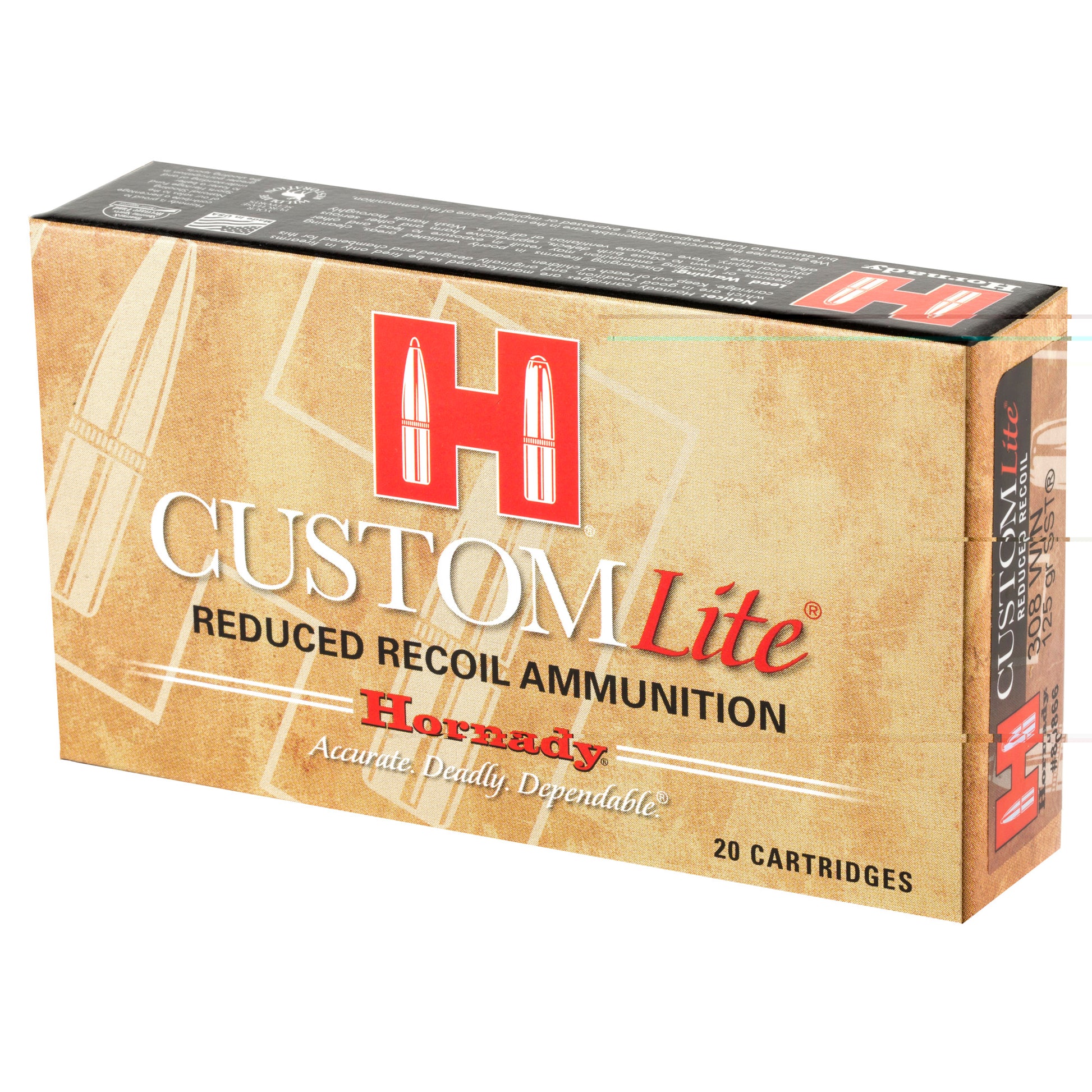 Hornady, Custom Lite, 308 Win, 125 Grain, SST, Low Recoil, 20 Round Box
