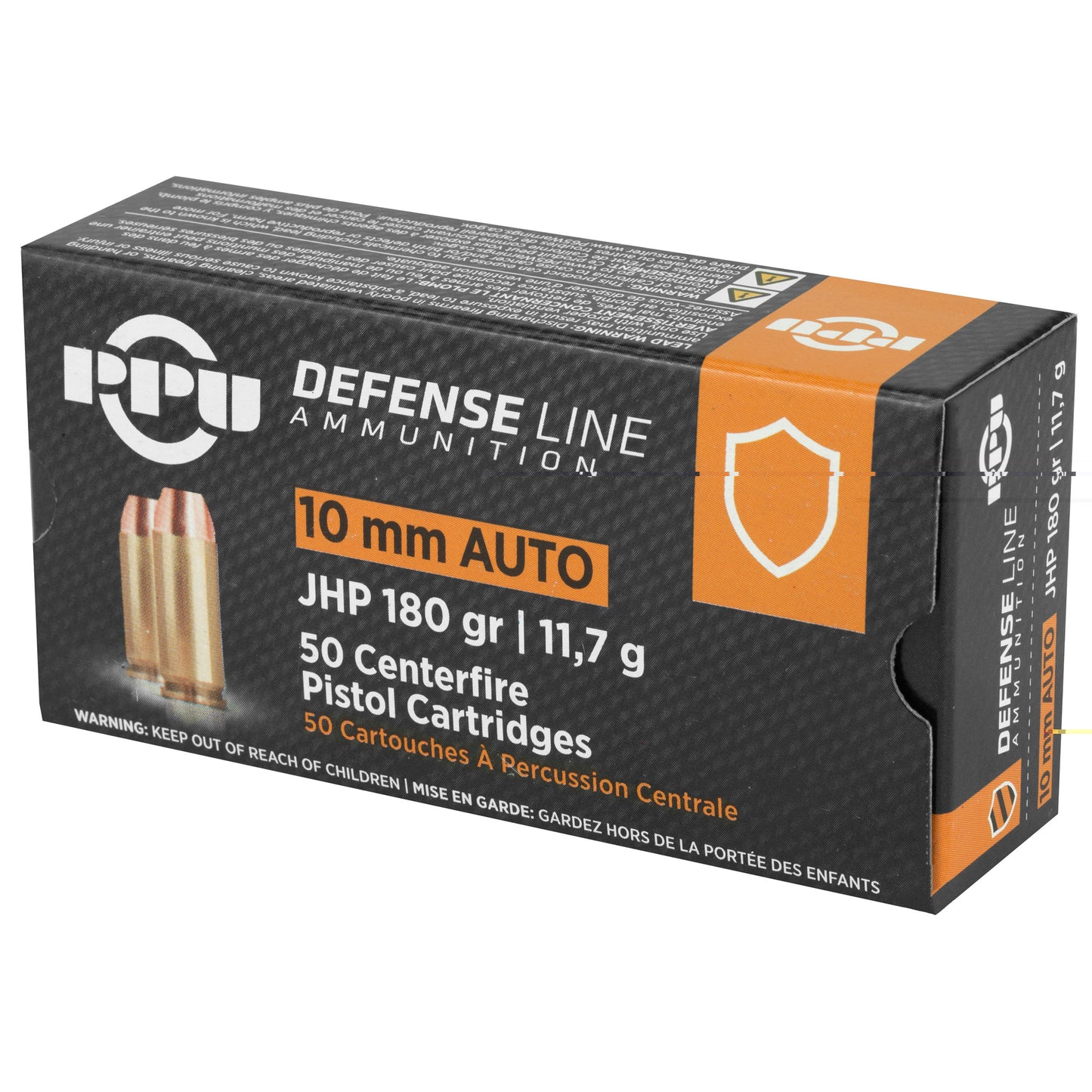 PPU 10mm Defense line ammunition, 180grain, Jacketed hollow point, JHP, 50 Rounds per Box
