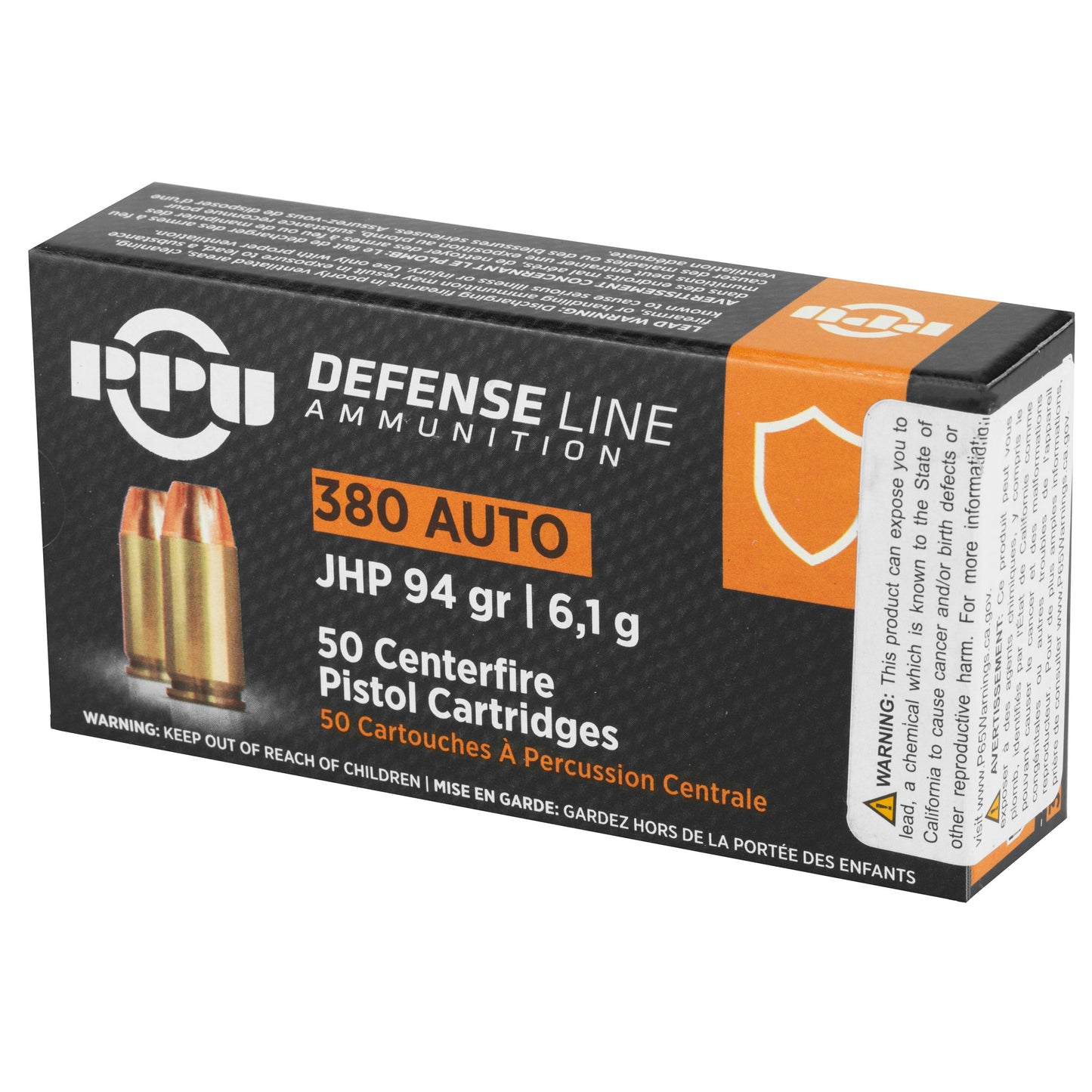 PPU, Defense Line Ammunition, .380 Auto, Automatic Colt Pistol, ACP, 94 Grain | Jacketed Hollow Point, JHP | 50 Rounds per Box