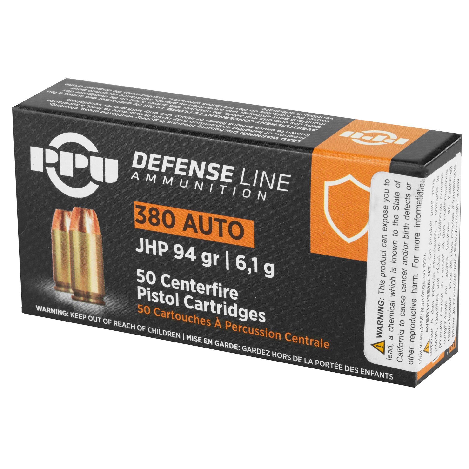 PPU, Defense Line Ammunition, .380 Auto, Automatic Colt Pistol, ACP, 94 Grain | Jacketed Hollow Point, JHP | 50 Rounds per Box