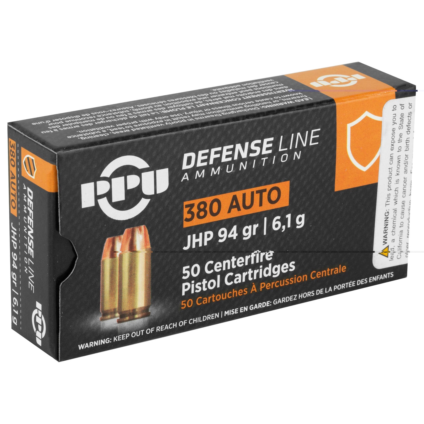 PPU, Defense Line Ammunition, .380 Auto, Automatic Colt Pistol, ACP, 94 Grain | Jacketed Hollow Point, JHP | 50 Rounds per Box