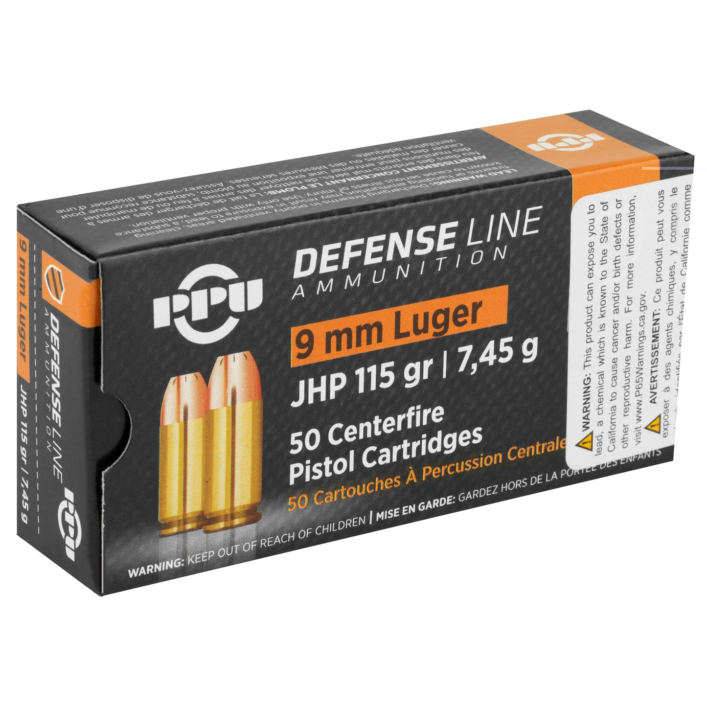 PPU, Defense Line Ammunition, 9mm Luger, 115 Grain | Jacketed Hollow Point, JHP | 50 Round Box 