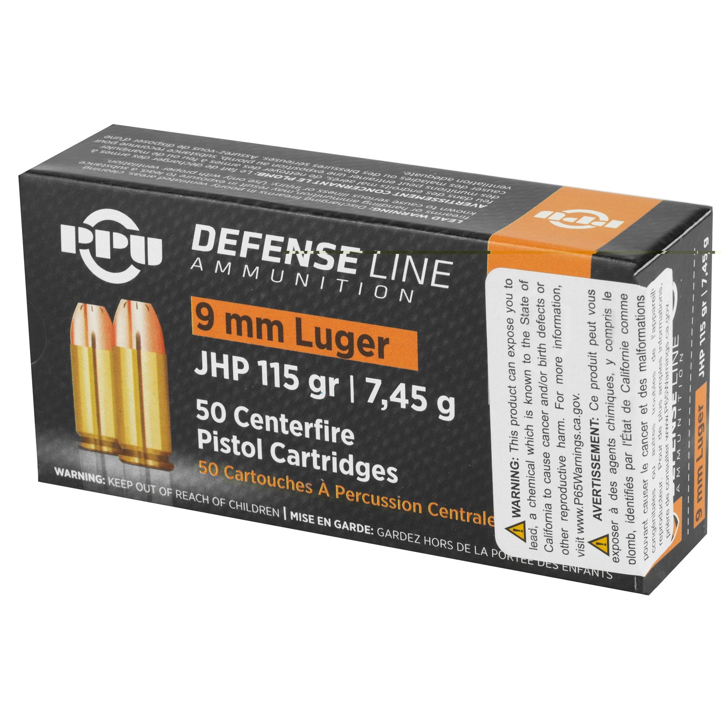 PPU, Defense Line Ammunition, 9mm Luger, 115 Grain | Jacketed Hollow Point, JHP | 50 Round Box 