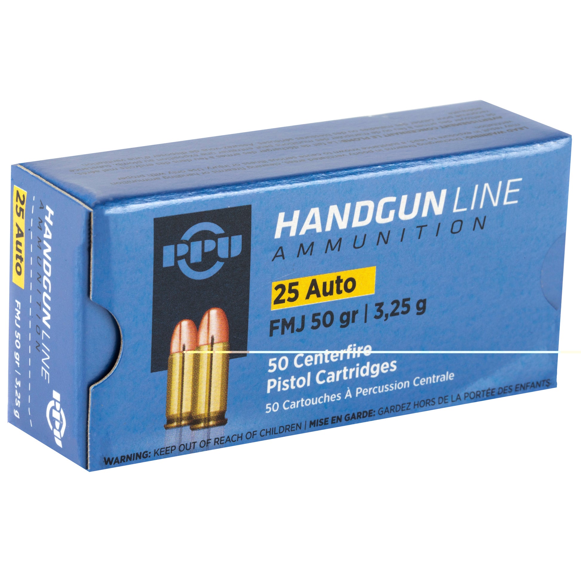 PPU, Handgun Line Ammunition, .25, Automatic Colt Pistol, ACP, 50grain | Full Metal Jacket, FMJ | 50 Rounds per Box 