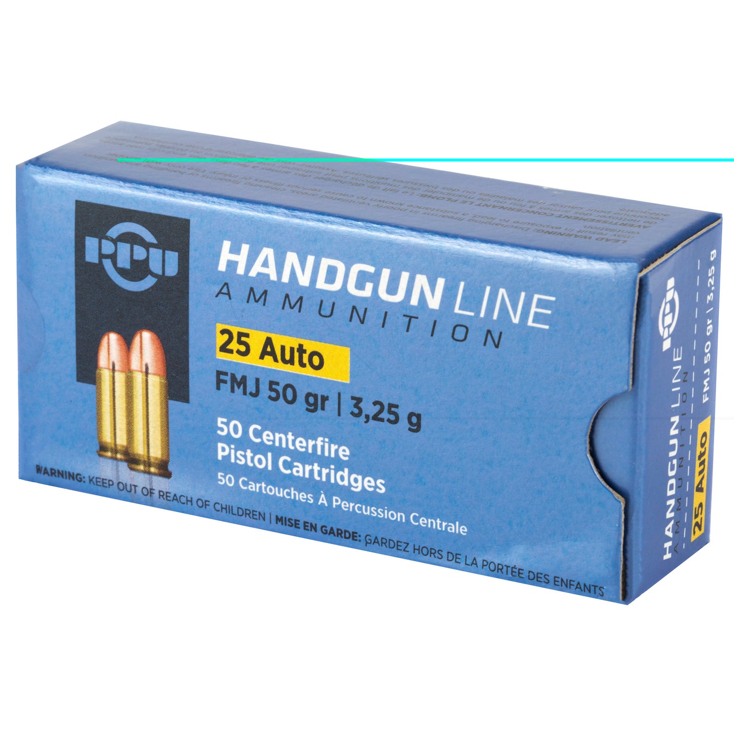 PPU, Handgun Line Ammunition, .25, Automatic Colt Pistol, ACP, 50grain | Full Metal Jacket, FMJ | 50 Rounds per Box 