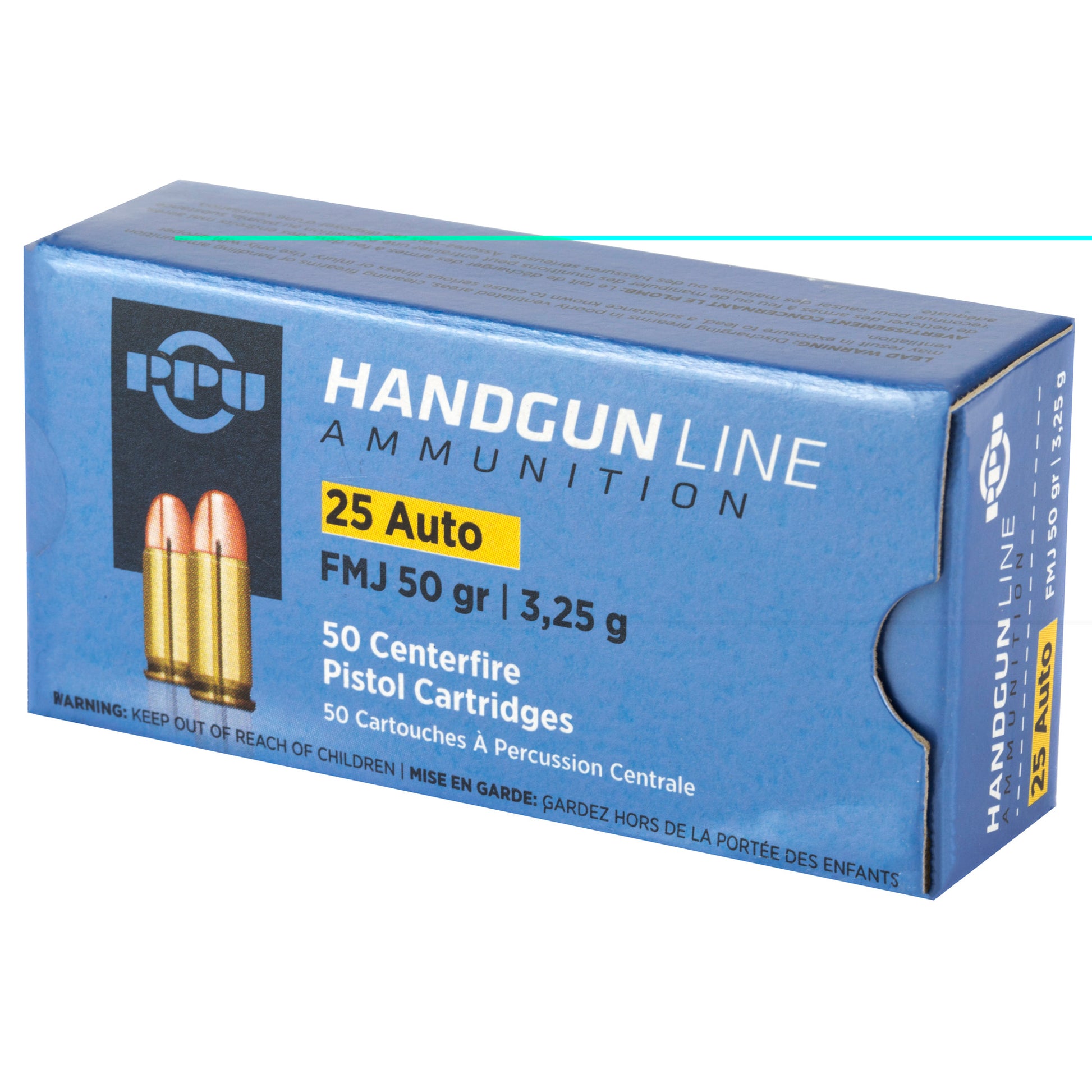PPU, Handgun Line Ammunition, .25, Automatic Colt Pistol, ACP, 50grain | Full Metal Jacket, FMJ | 50 Rounds per Box 
