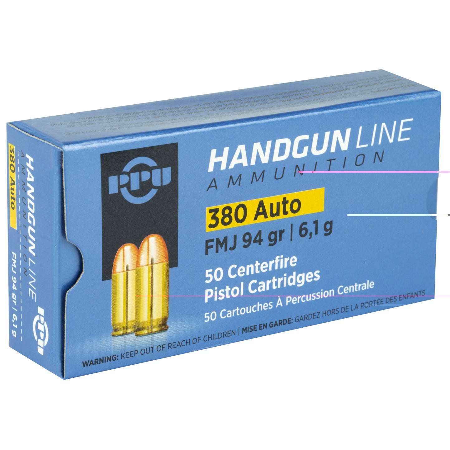 PPU Handgun Line Ammunition, .380, Automatic Colt Pistol, ACP, 94 Grain | Full Metal Jacket, FMJ | 50 Rounds per Box