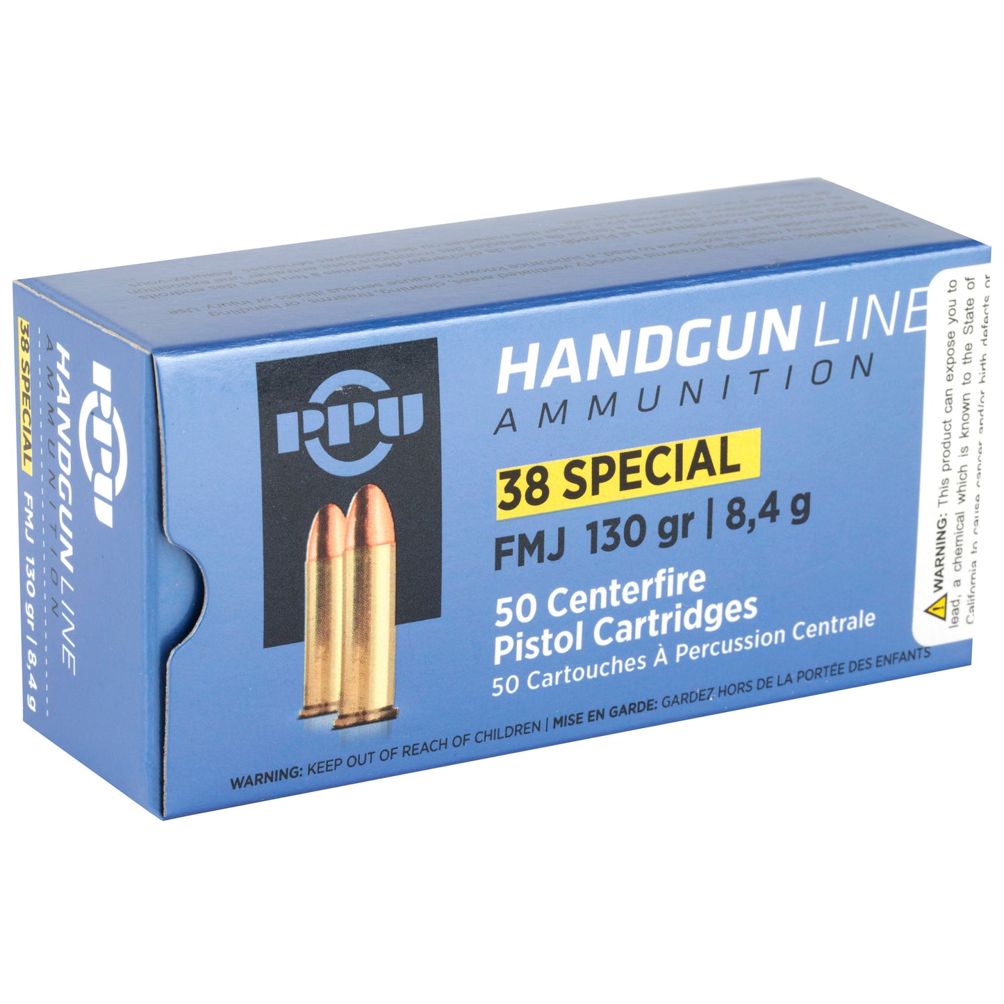 PPU, Handgun Line Ammunition, .38 Special, SPL, 130 Grain | Full Metal Jacket, FMJ | 50 Rounds per Box 