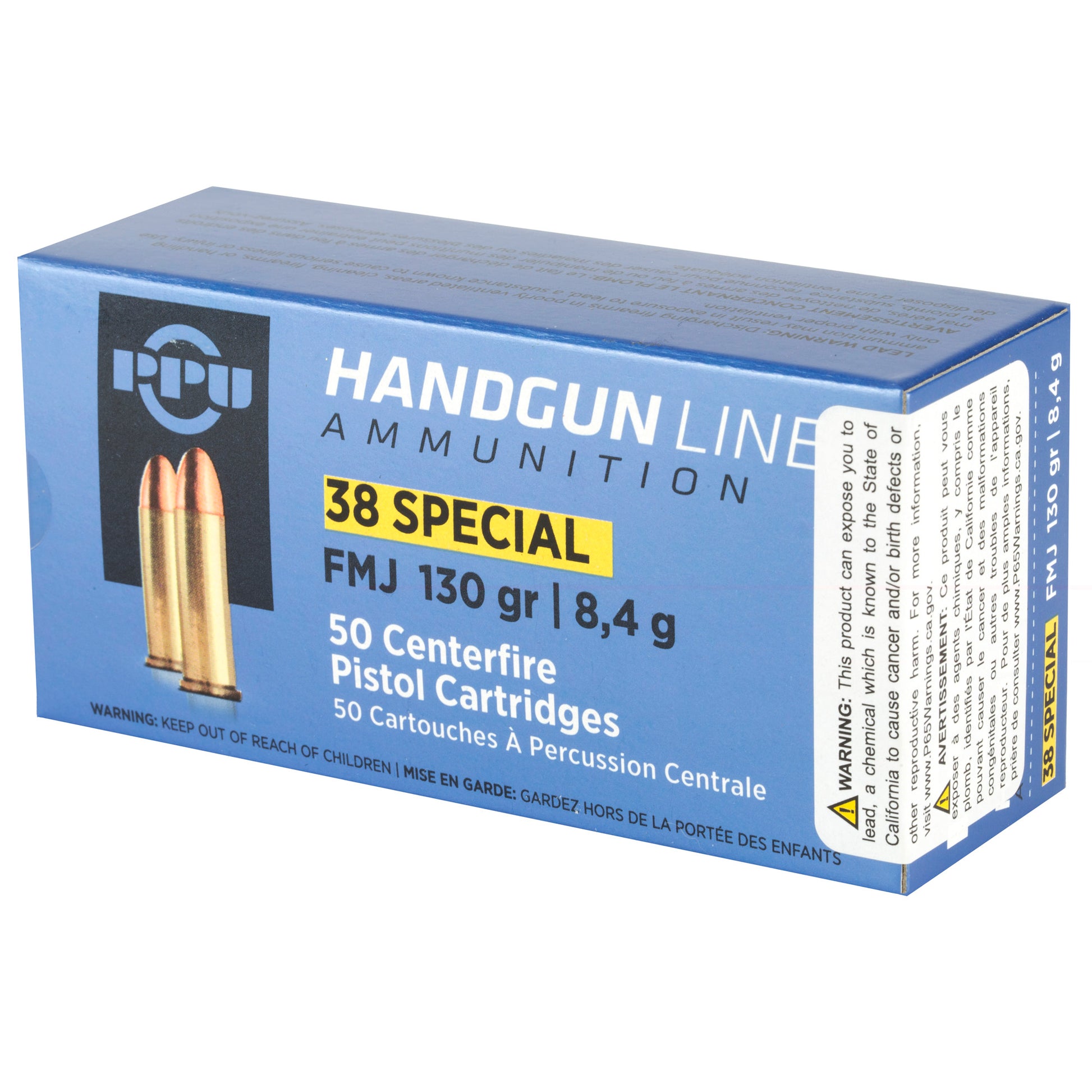 PPU, Handgun Line Ammunition, .38 Special, SPL, 130 Grain | Full Metal Jacket, FMJ | 50 Rounds per Box 