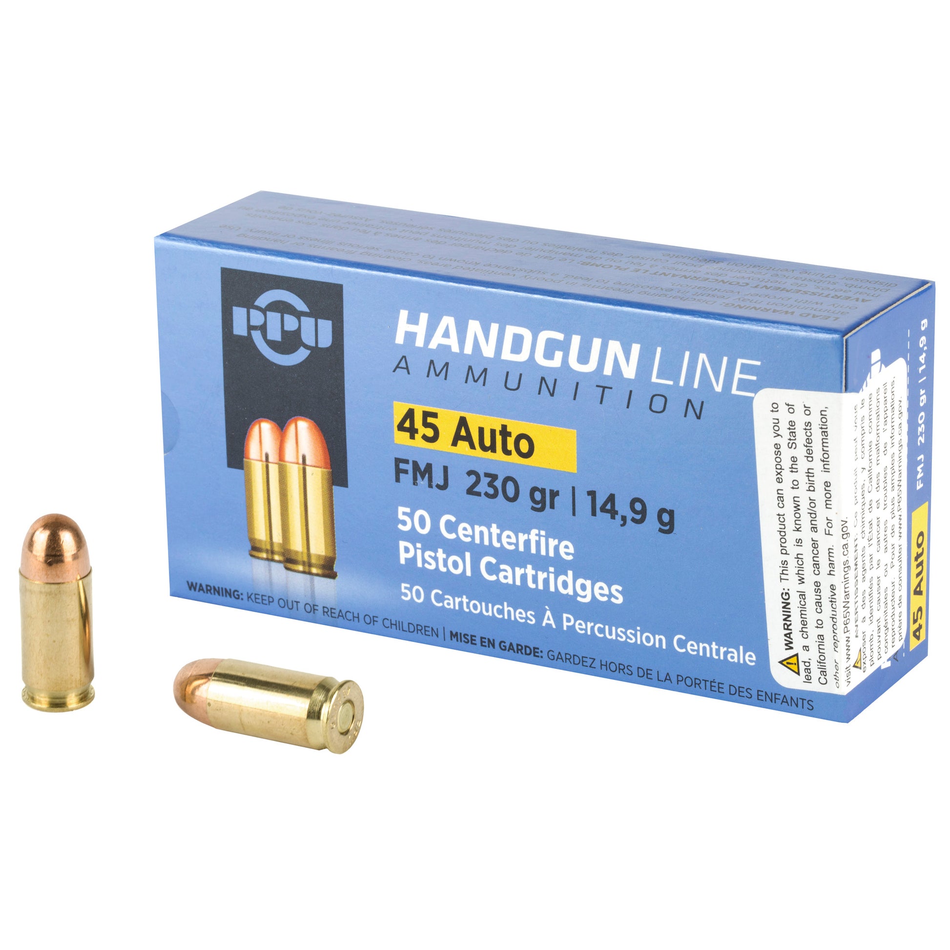 PPU Handgun Line Ammunition, .45 Auto, 230 Grain | Full Metal Jacket, FMJ | 50 Rounds per Box