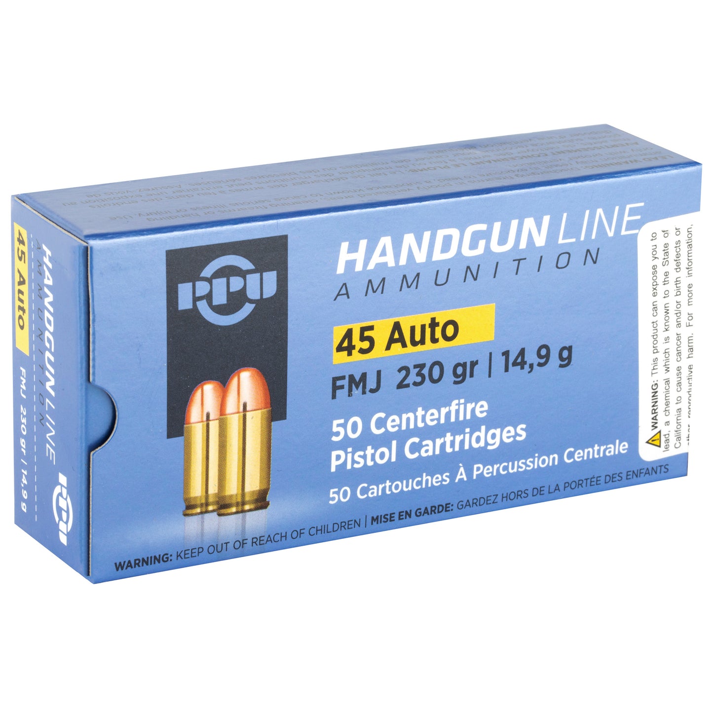 PPU Handgun Line Ammunition, .45 Auto, 230 Grain | Full Metal Jacket, FMJ | 50 Rounds per Box