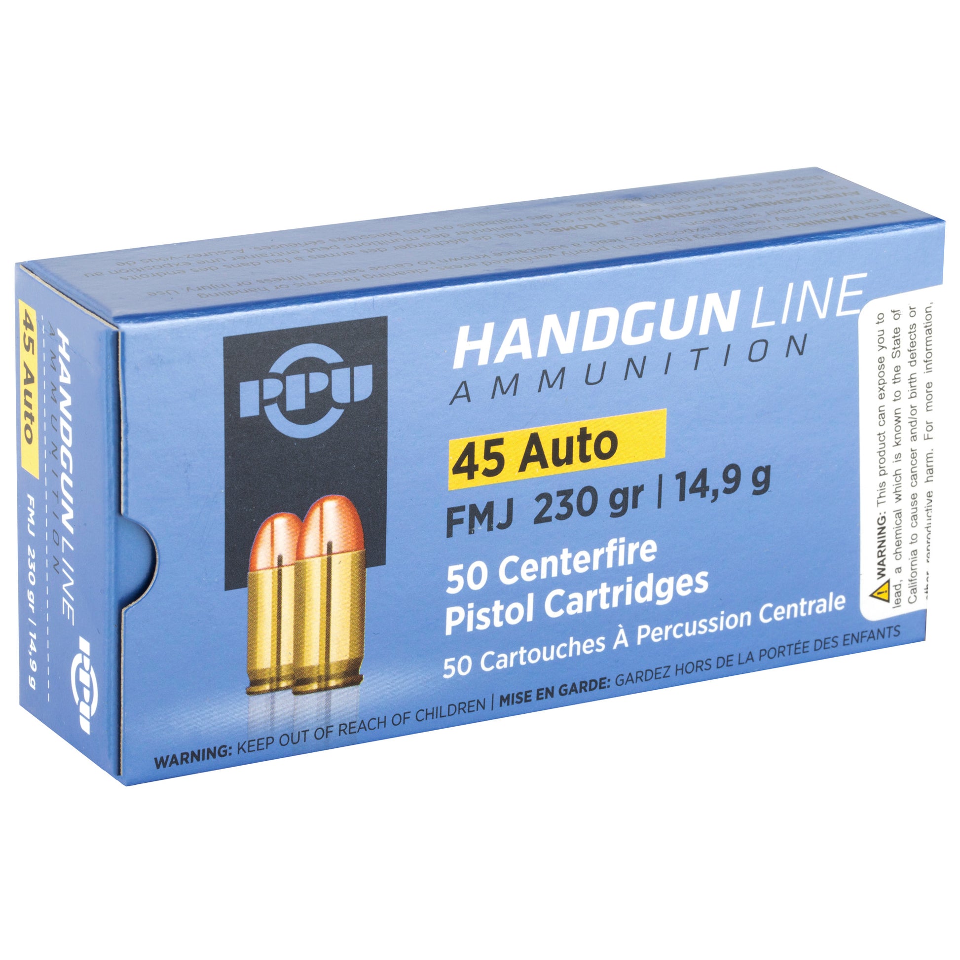 PPU Handgun Line Ammunition, .45 Auto, 230 Grain | Full Metal Jacket, FMJ | 50 Rounds per Box