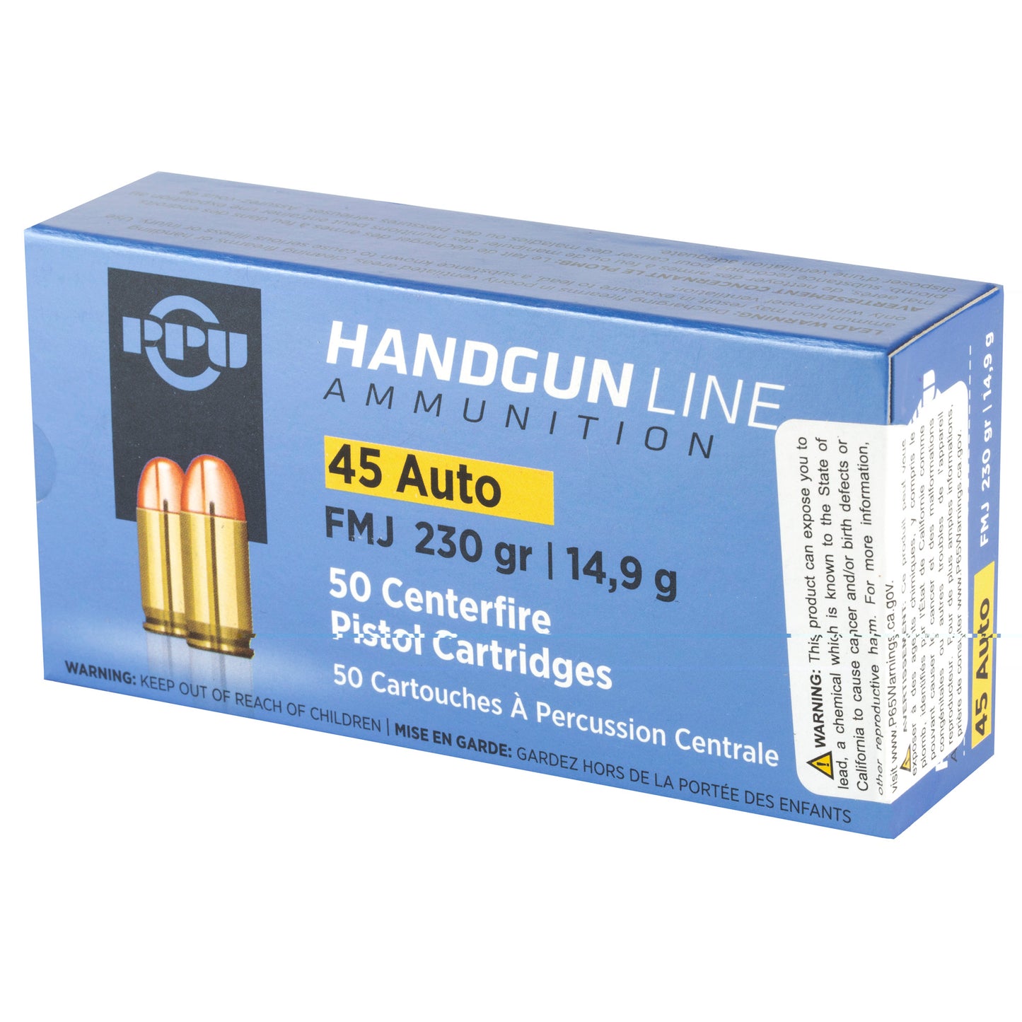 PPU Handgun Line Ammunition, .45 Auto, 230 Grain | Full Metal Jacket, FMJ | 50 Rounds per Box
