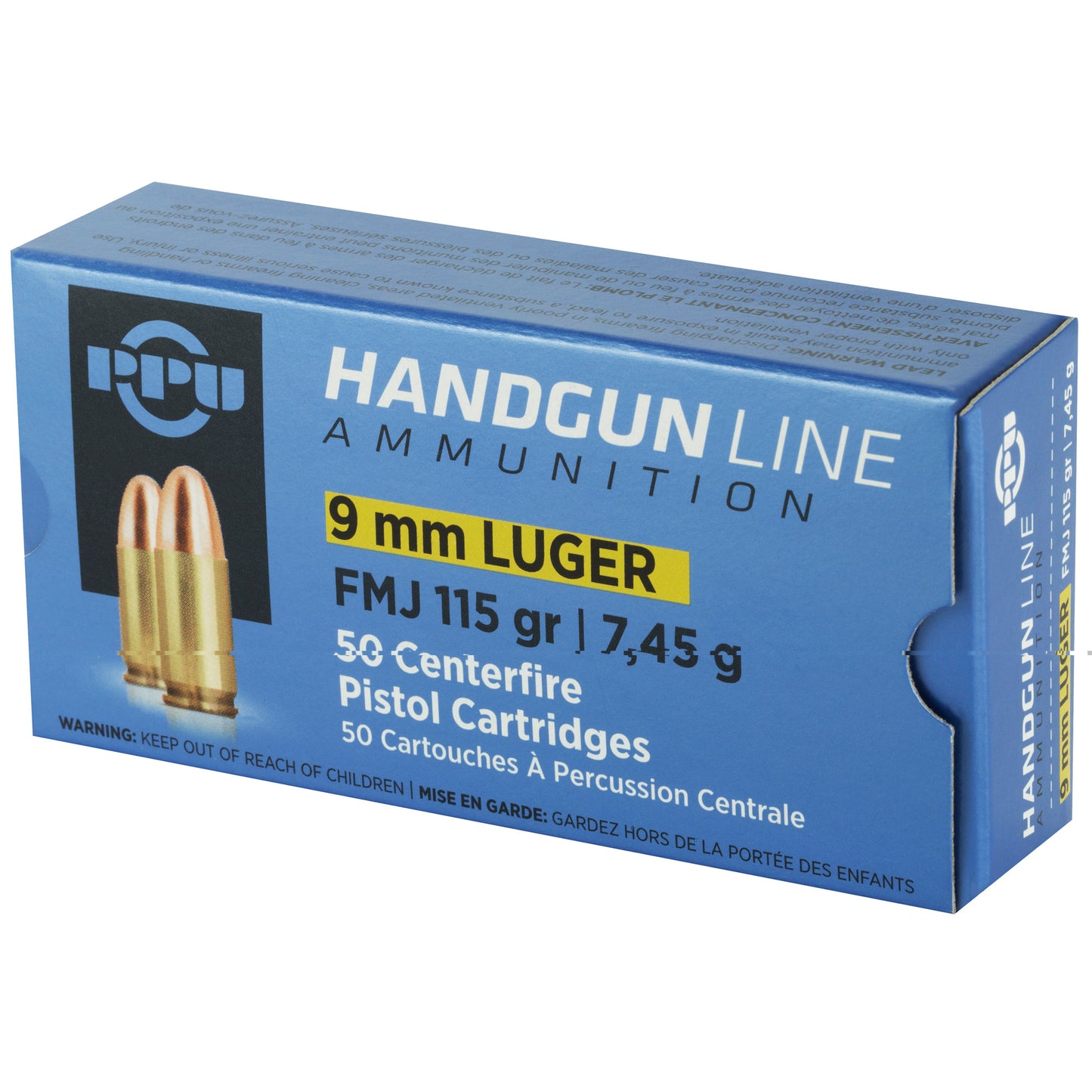 PPU, Handgun Line Ammunition, 9mm Luger, 115 Grain | Full Metal Jacket, FMJ | 50 Rounds per Box 