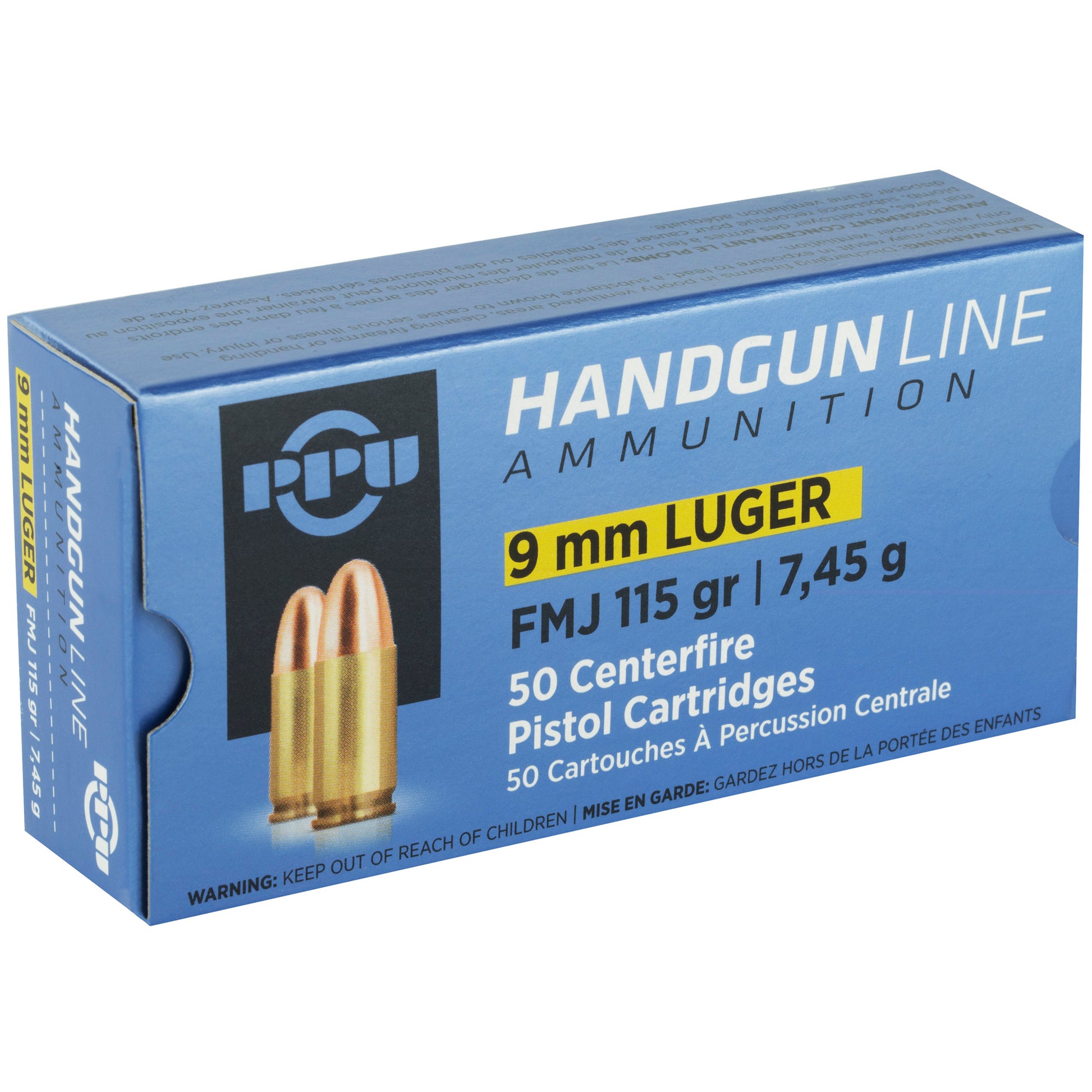 PPU, Handgun Line Ammunition, 9mm Luger, 115 Grain | Full Metal Jacket, FMJ | 50 Rounds per Box 