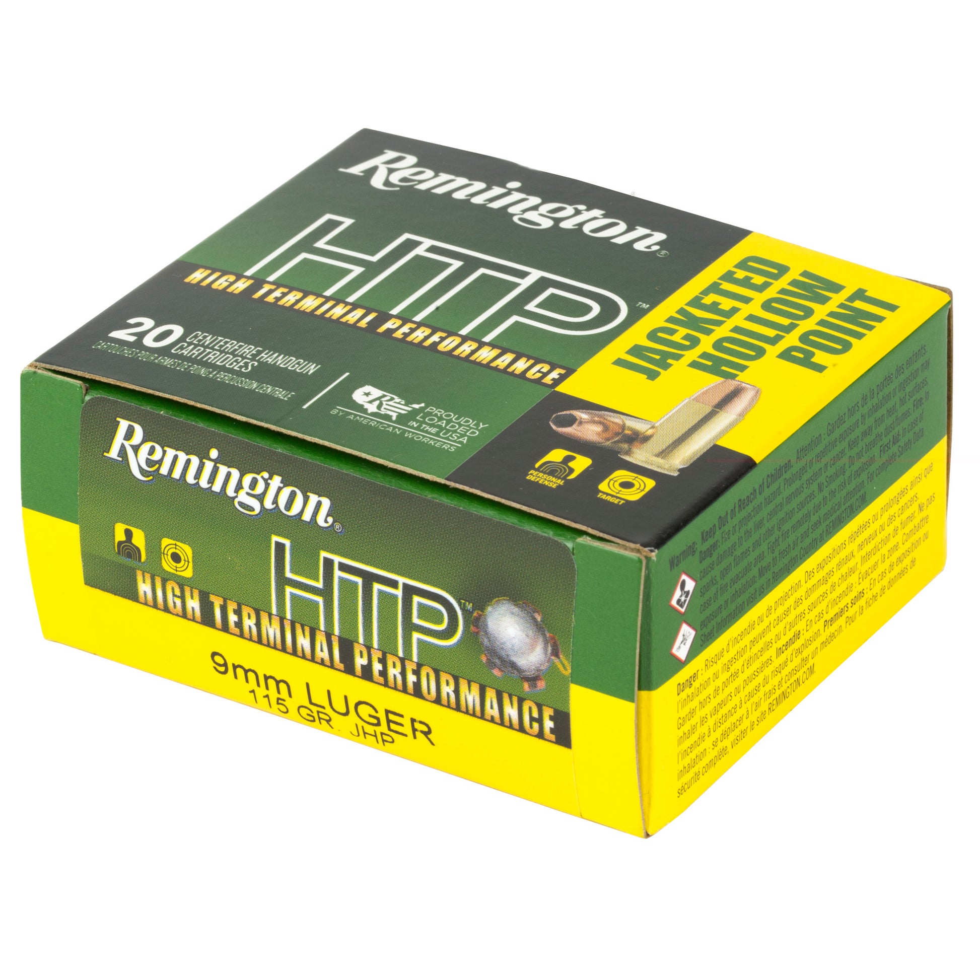 Remington, High Terminal Performance, HTP, 9mm Luger, 115 Grain | Jacketed Hollow Point, JHP | 20 Round Box 
