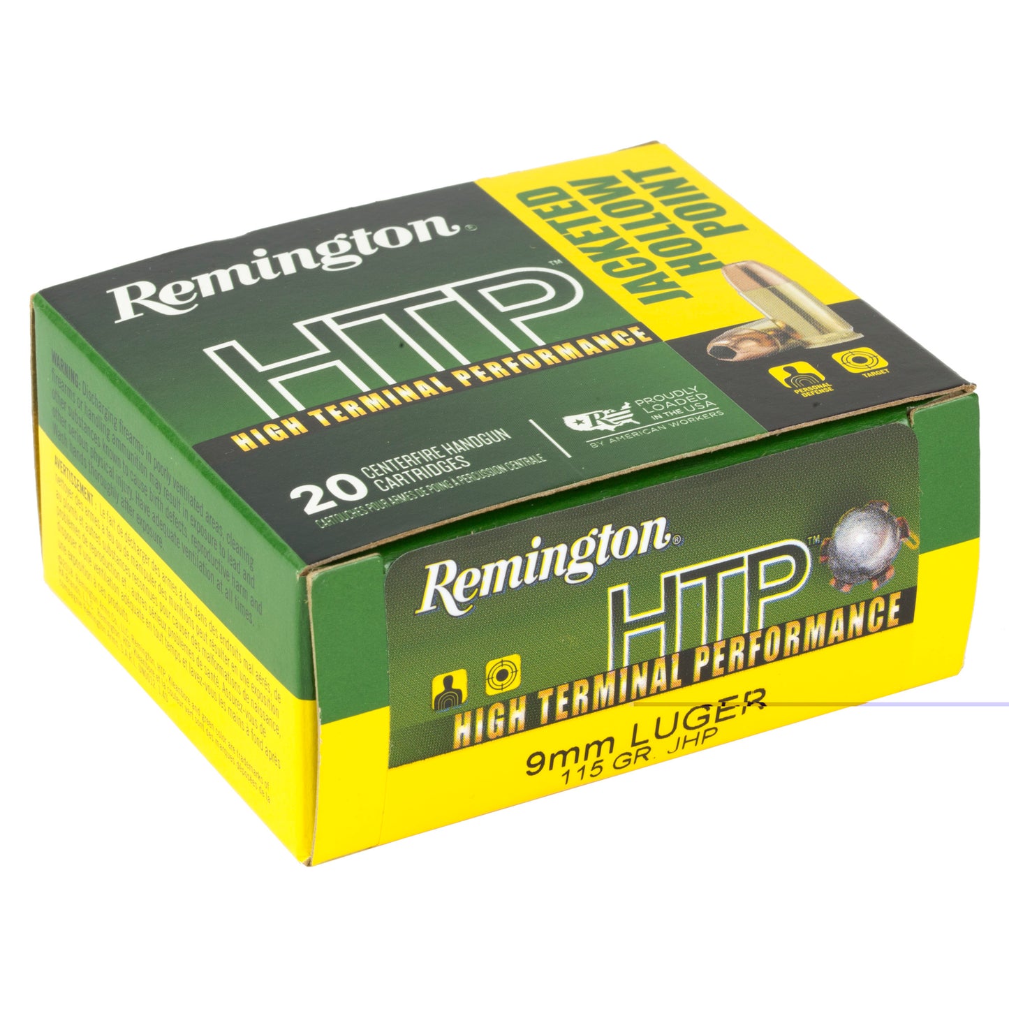 Remington, High Terminal Performance, HTP, 9mm Luger, 115 Grain | Jacketed Hollow Point, JHP | 20 Round Box 